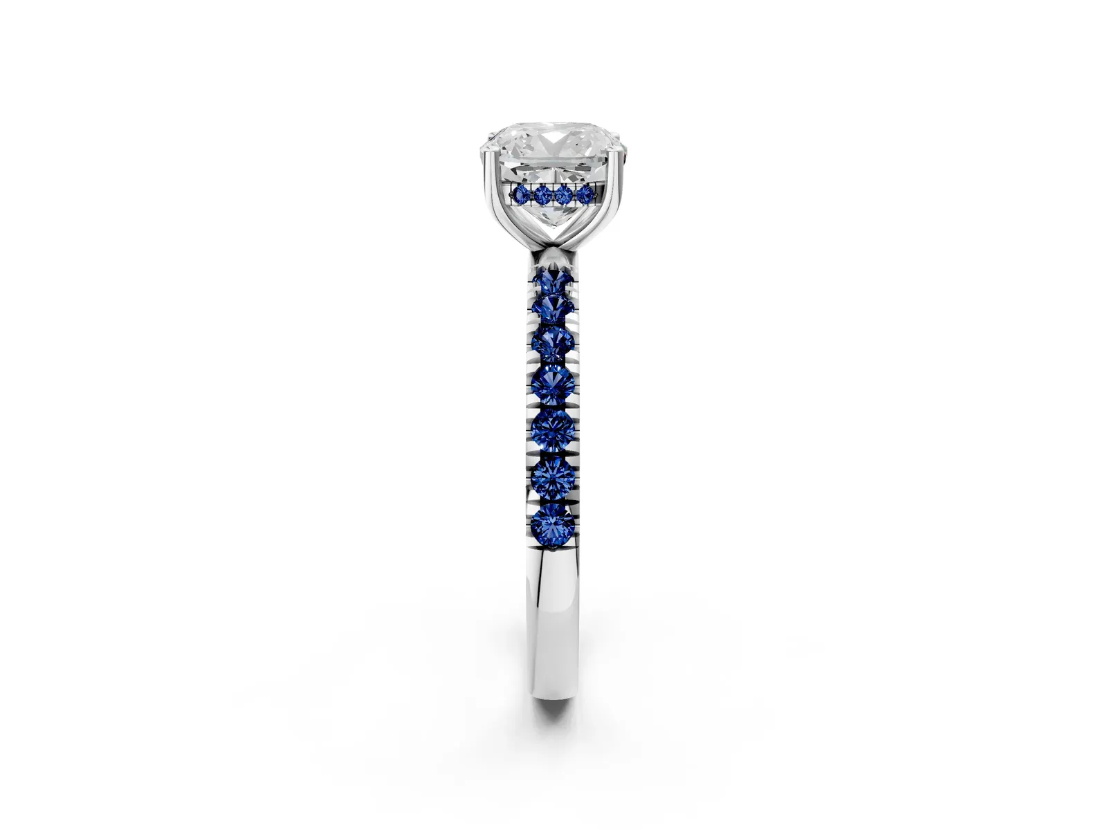 Cushion Cut Diamond Pave Band Solitaire Ring with Round Blue Sapphire and Prong Setting Platinum