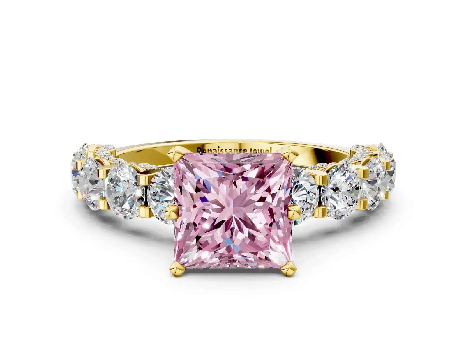Fancy Pink Princess Cut Diamond Side Stone Engagement Ring with Four-Prong Setting Yellow gold