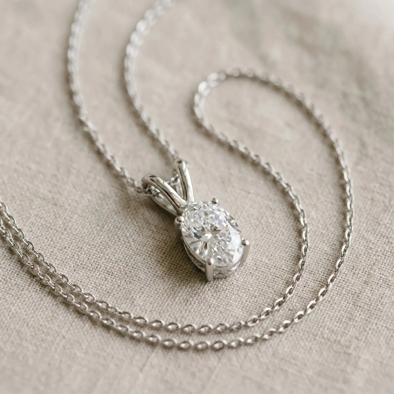 Oval Solitaire Diamond Prong Pendant Silver