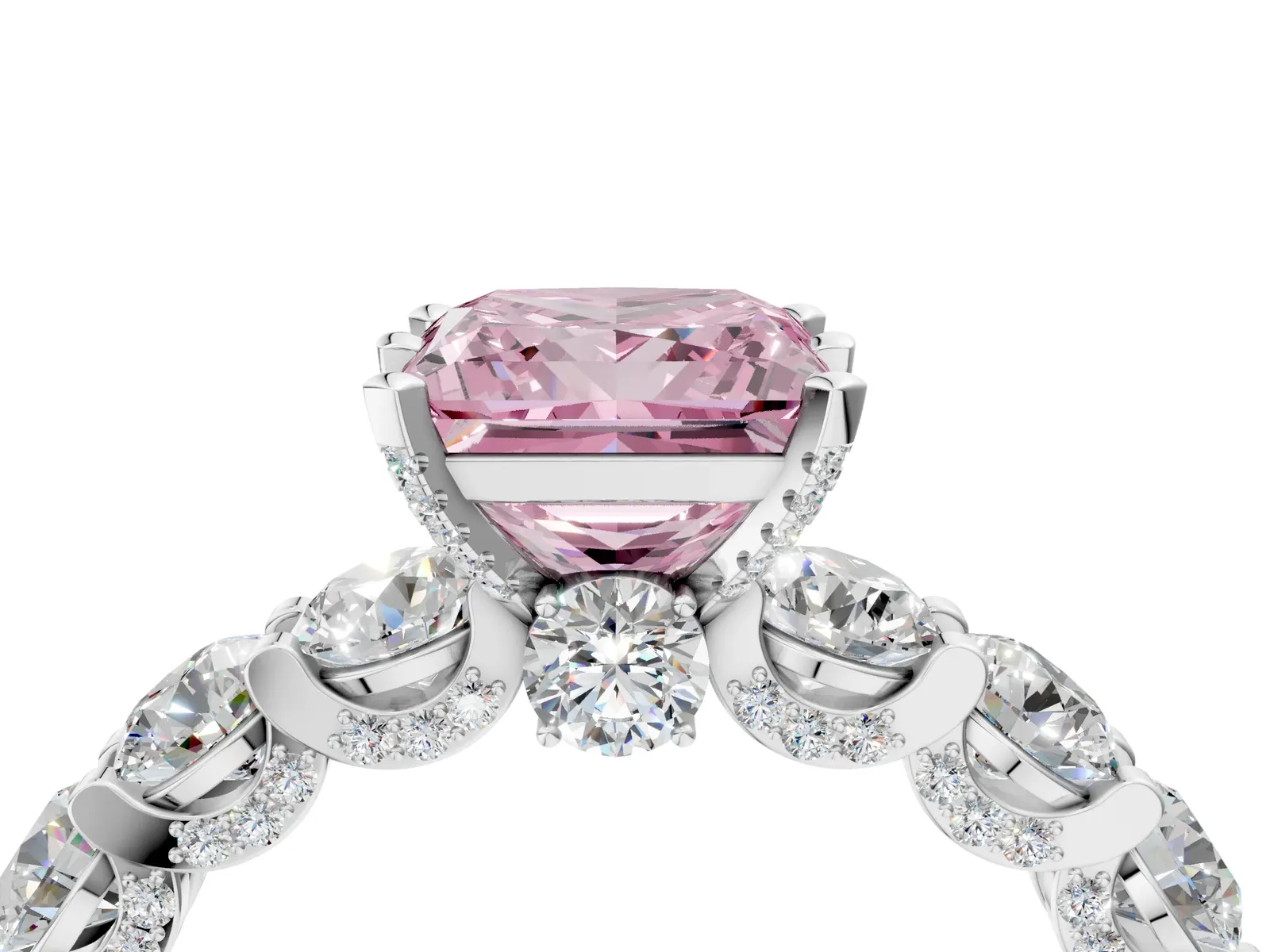 Fancy Pink Princess Cut Diamond Side Stone Engagement Ring with Four-Prong Setting Platinum