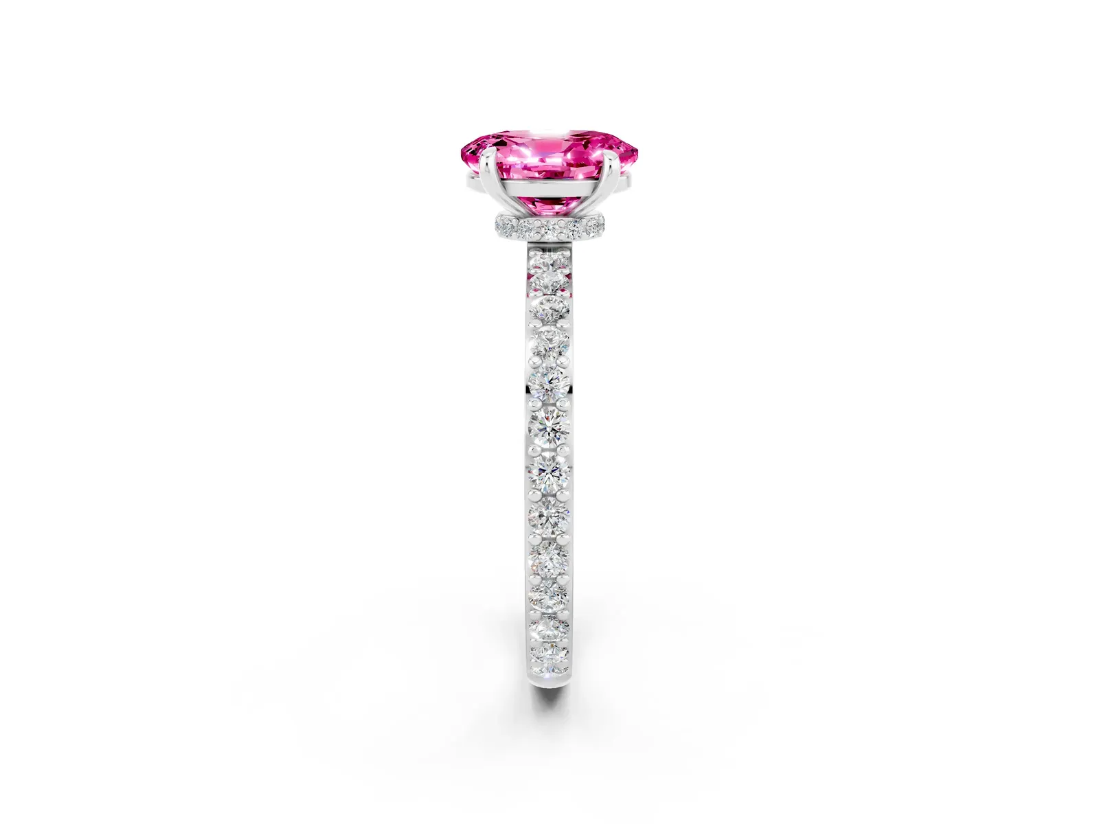 Oval Cut Pink Sapphire Solitaire Engagement Ring with Pavé Band and Four-Prong Setting Platinum