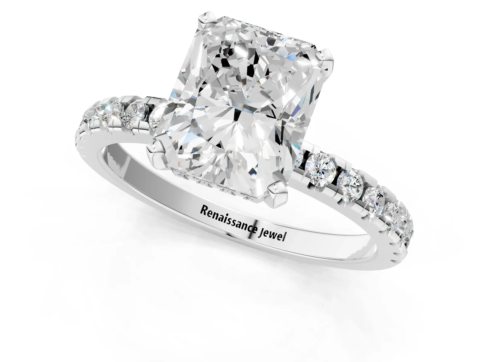 Radiant Cut Diamond Solitaire Ring with Round Pavé Band and Four-Prong Setting Platinum