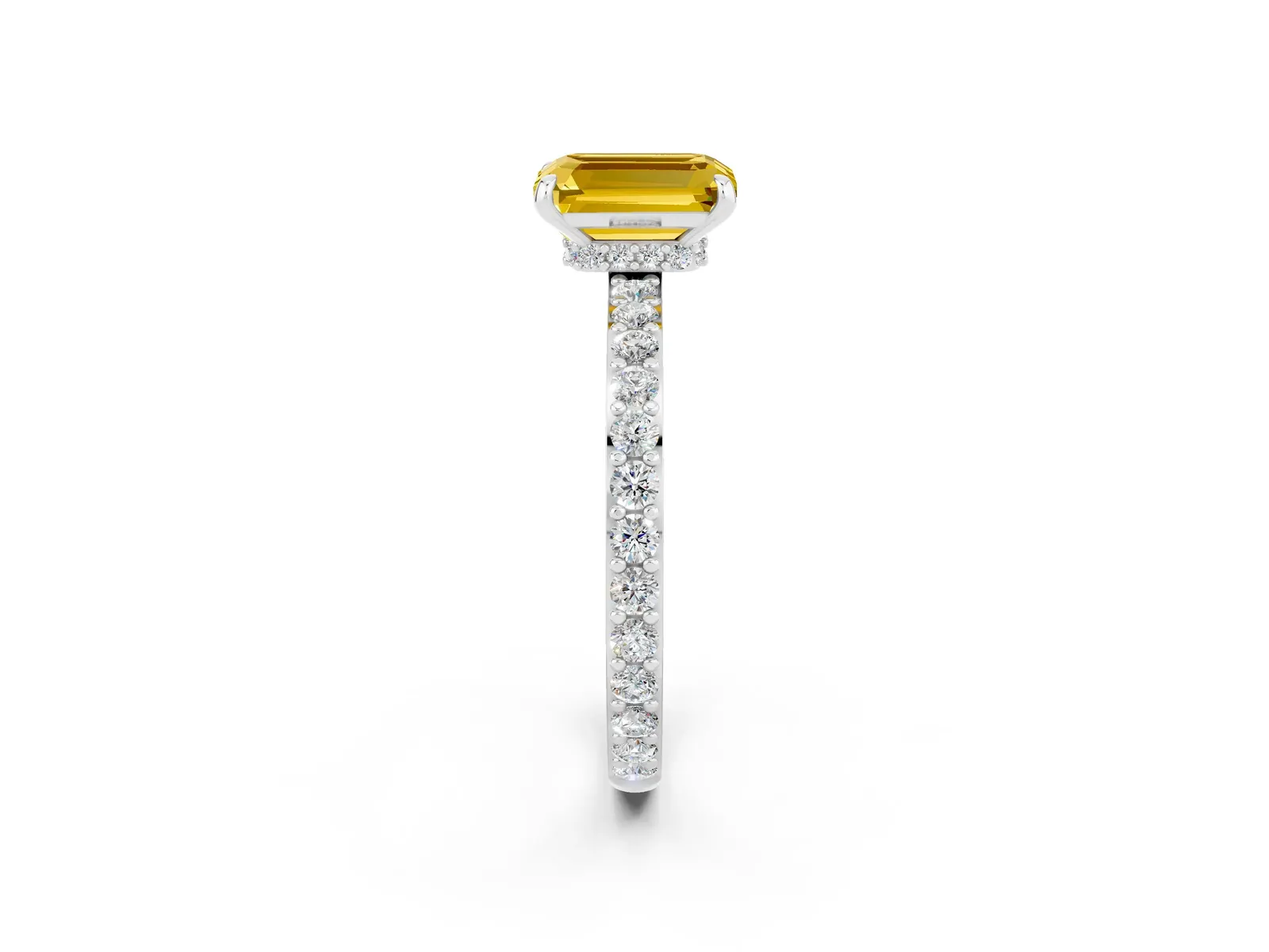 Emerald Cut Yellow Sapphire Solitaire Engagement Ring with Pavé Band and Four-Prong Setting Platinum