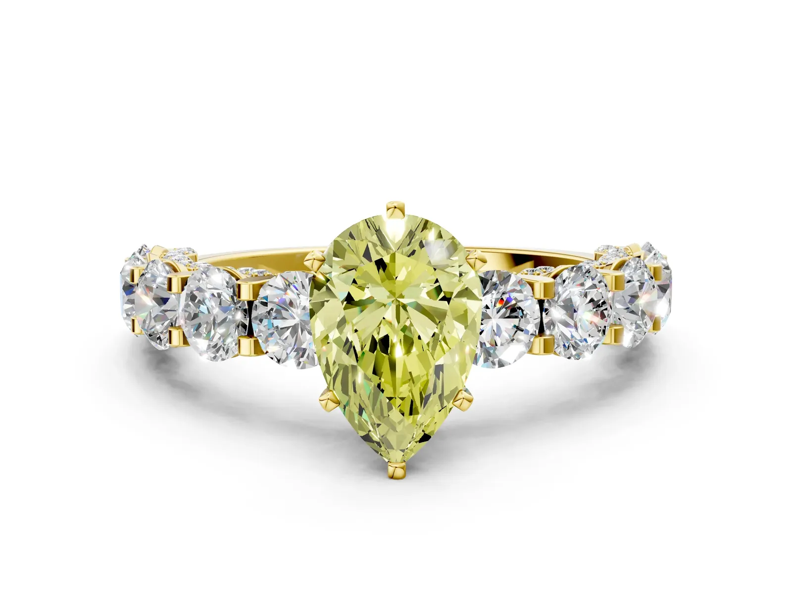 Fancy Yellow Pear Cut Diamond Side Stone Engagement Ring with Four-Prong Setting Yellow gold