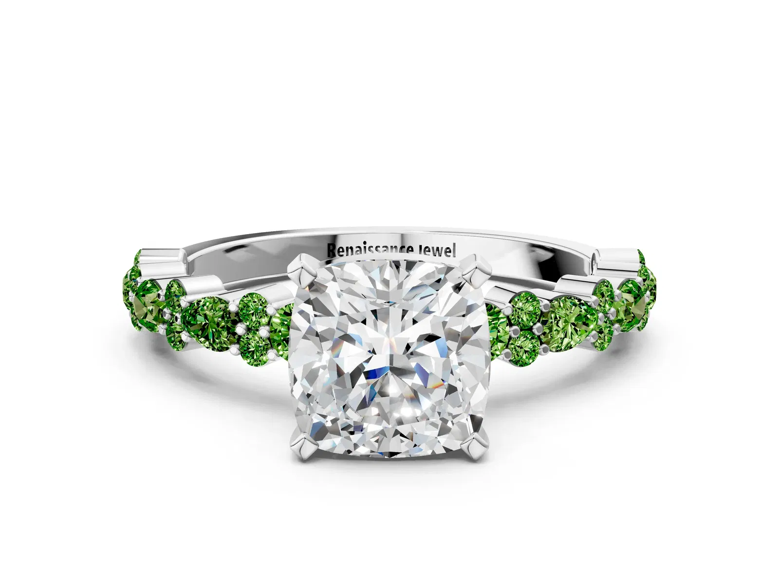 Cushion Cut Diamond Side Stone Solitaire Ring with Round Peridot and Four-Prong Setting Platinum