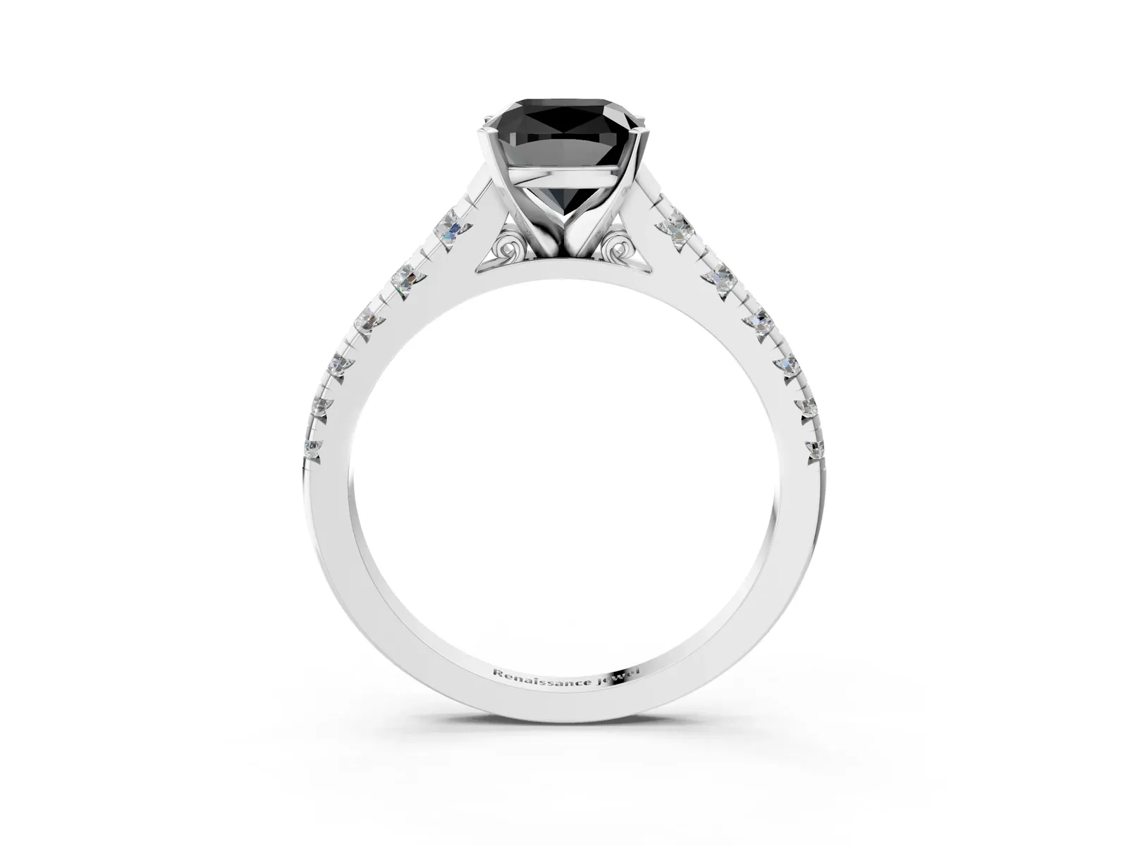 Fancy Black Cushion Cut Diamond Cathedral Solitaire Ring with Round Pavé Band Platinum