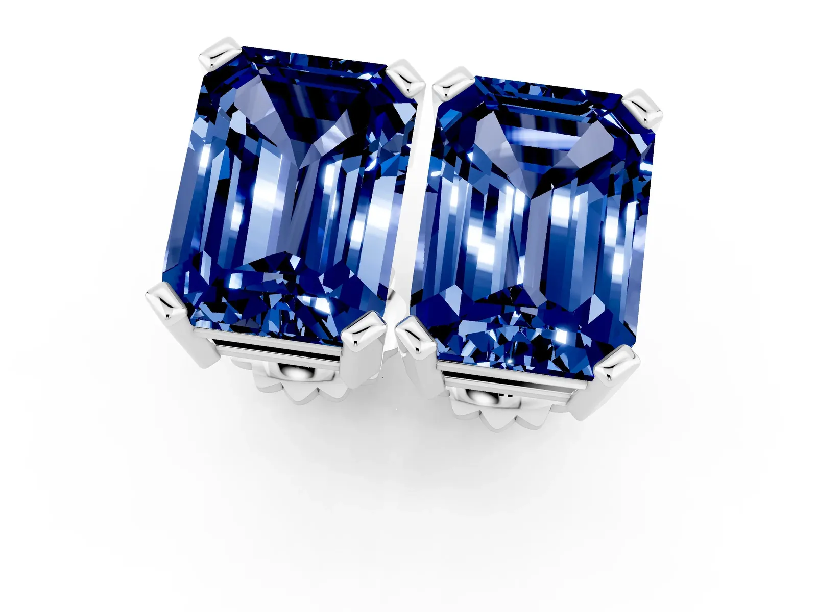 Emerald Cut Blue Sapphire Stud Earrings White gold