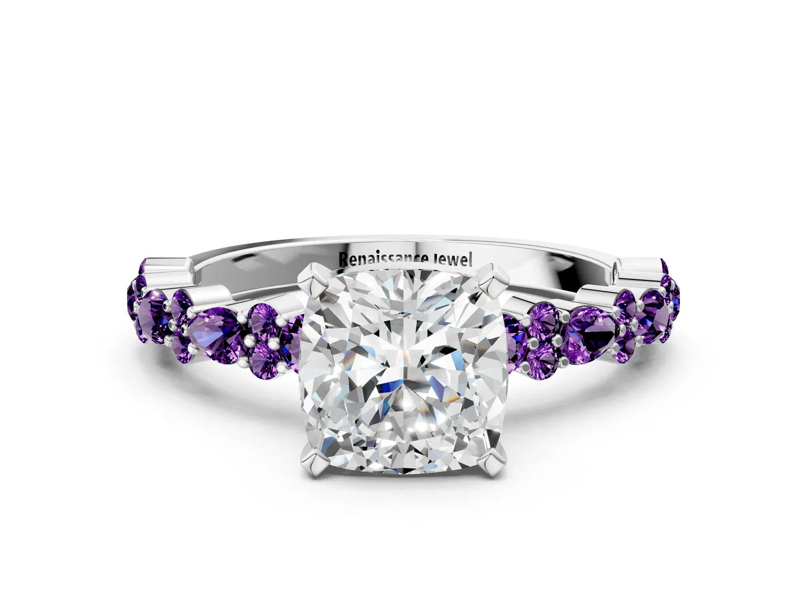 Cushion Cut Diamond Side Stone Solitaire Ring with Round Amethyst and Four-Prong Setting Platinum