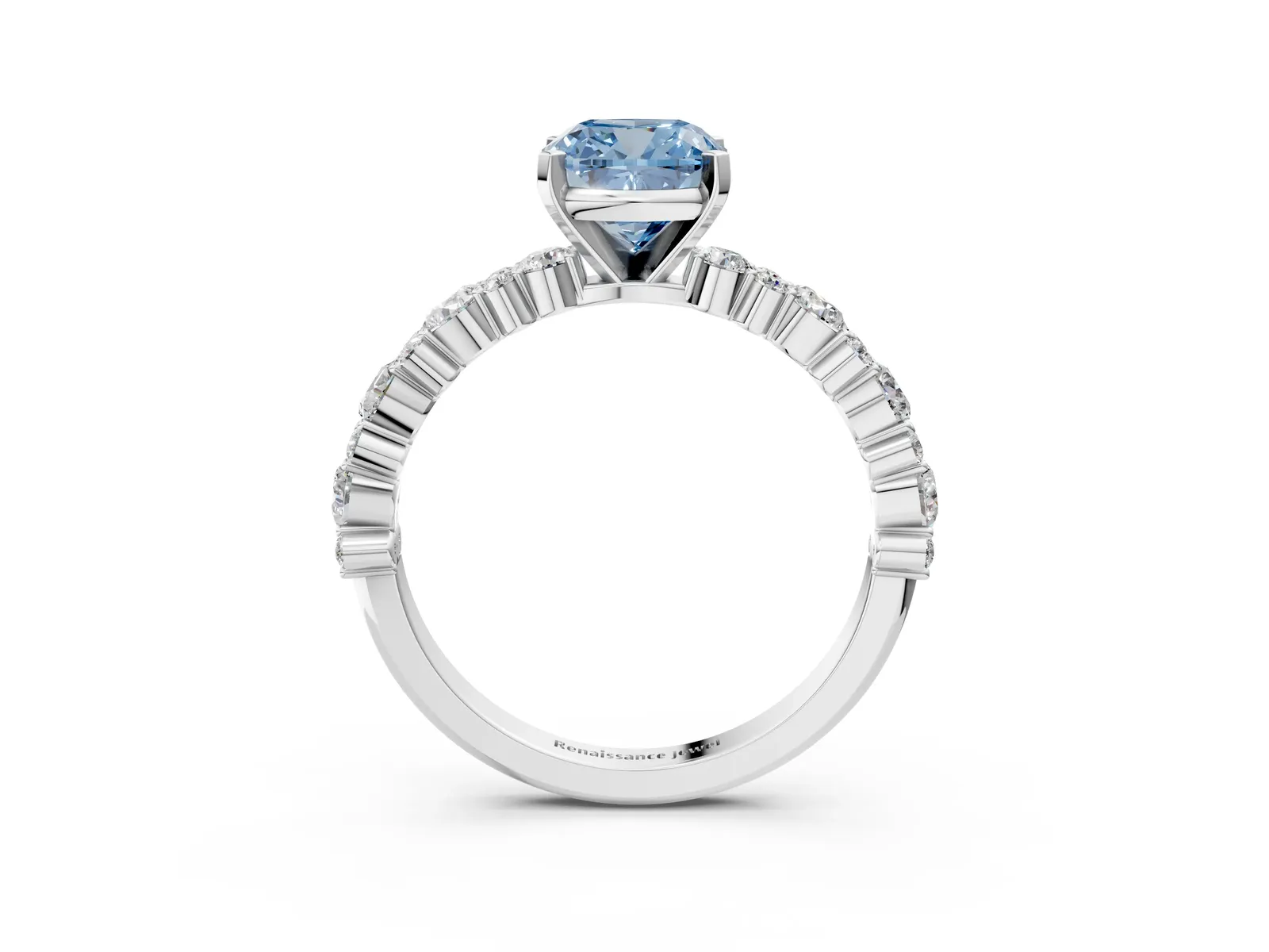 Fancy Blue Cushion Cut Diamond Side Stone Solitaire Ring with Round and Four-Prong Setting Platinum