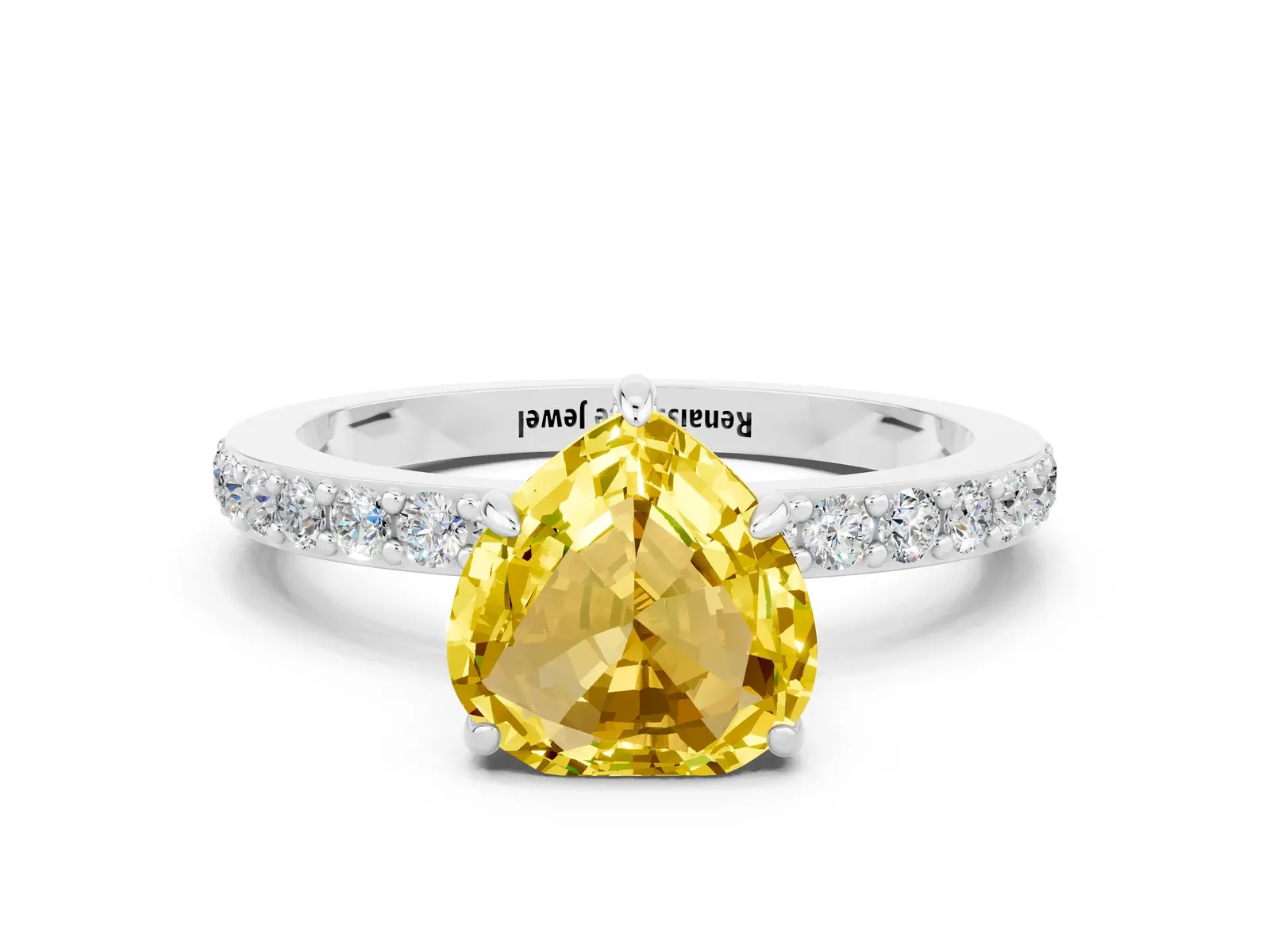 Heart Cut Yellow Sapphire Solitaire Engagement Ring with Pavé Band and Four-Prong Setting Platinum