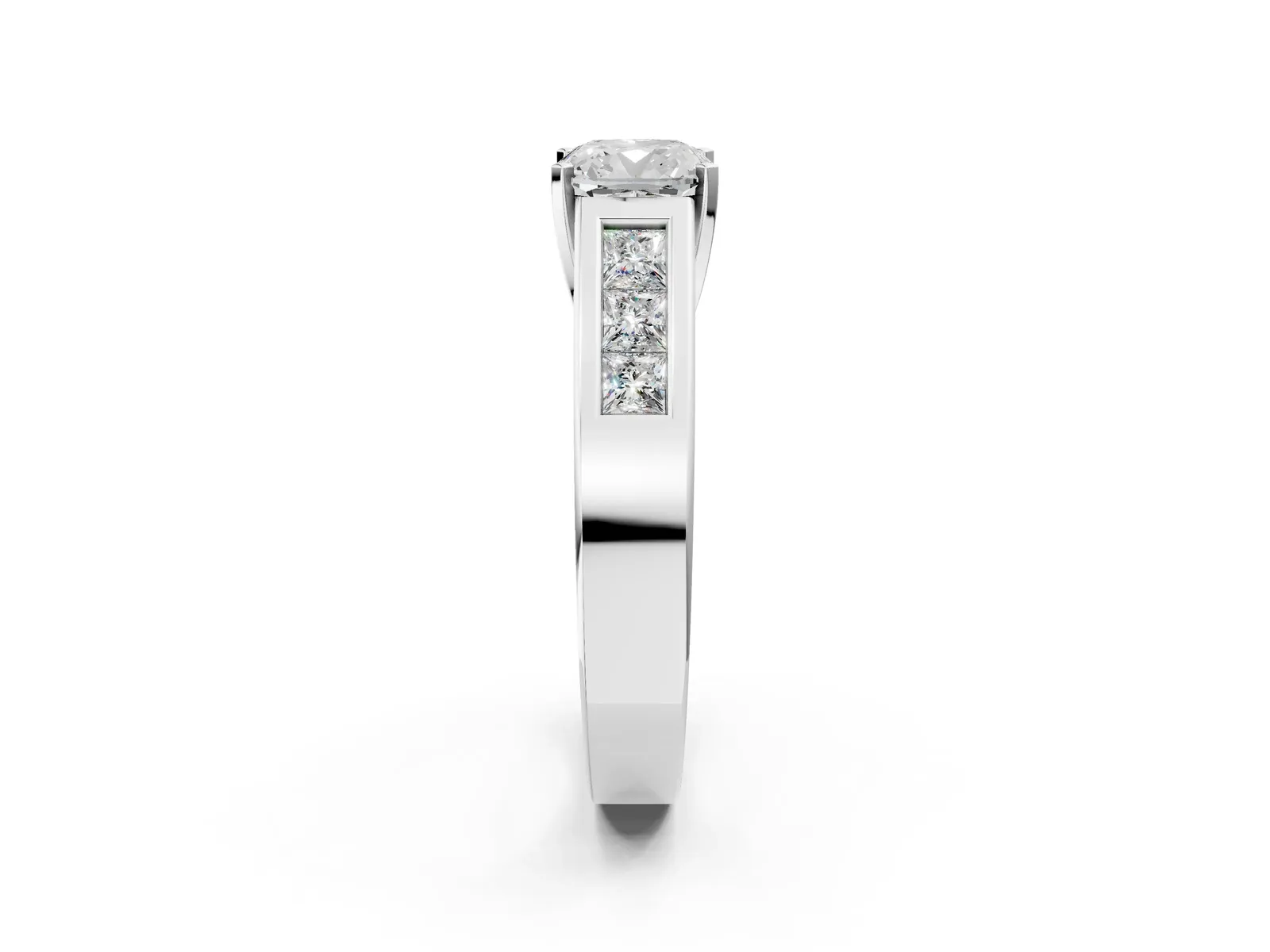Cushion Cut Cut Channel Set Solitaire Ring with Four-Prong Setting Platinum