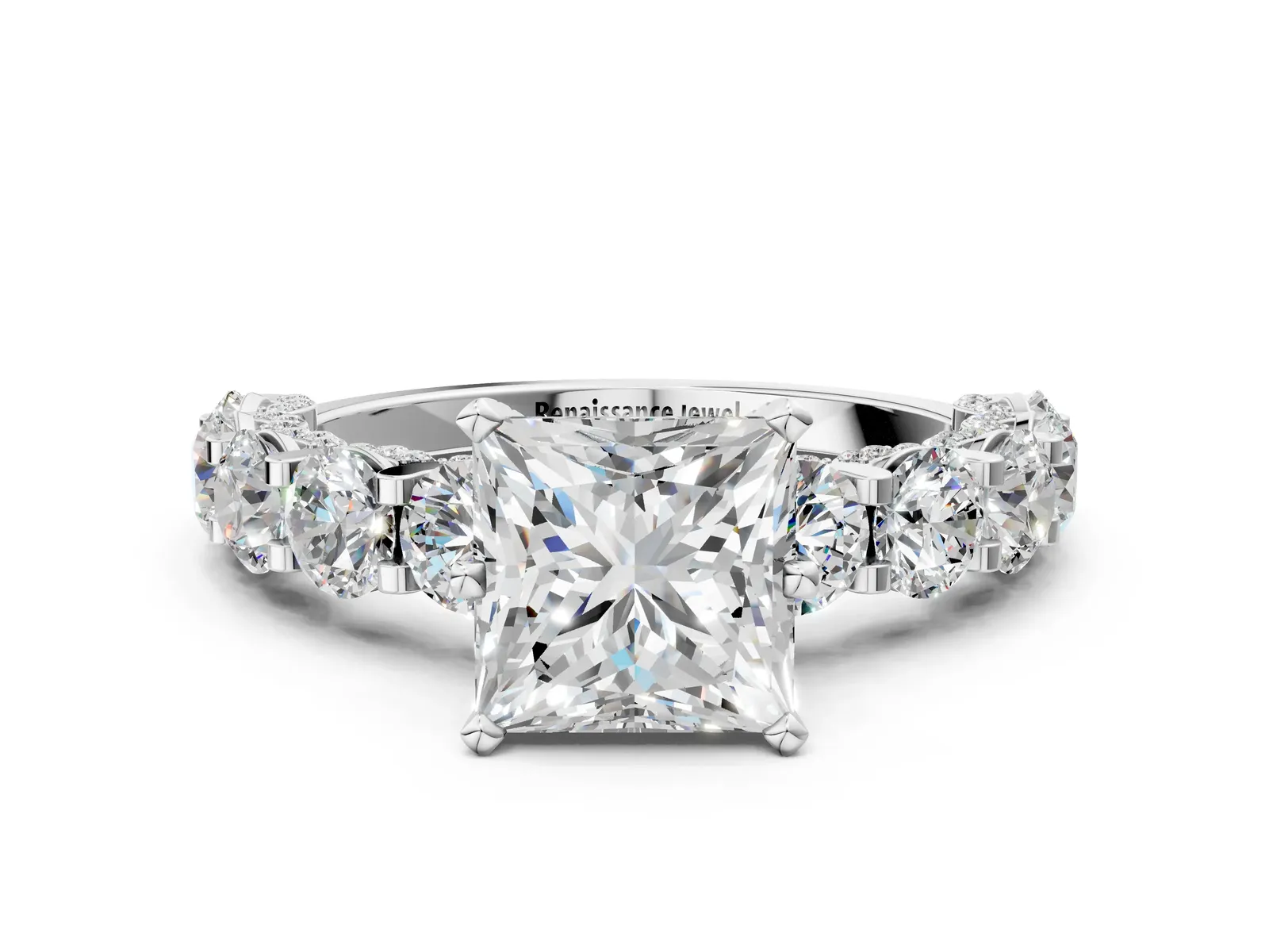 Princess Cut Diamond Side Stone Engagement Ring with Four-Prong Setting White gold