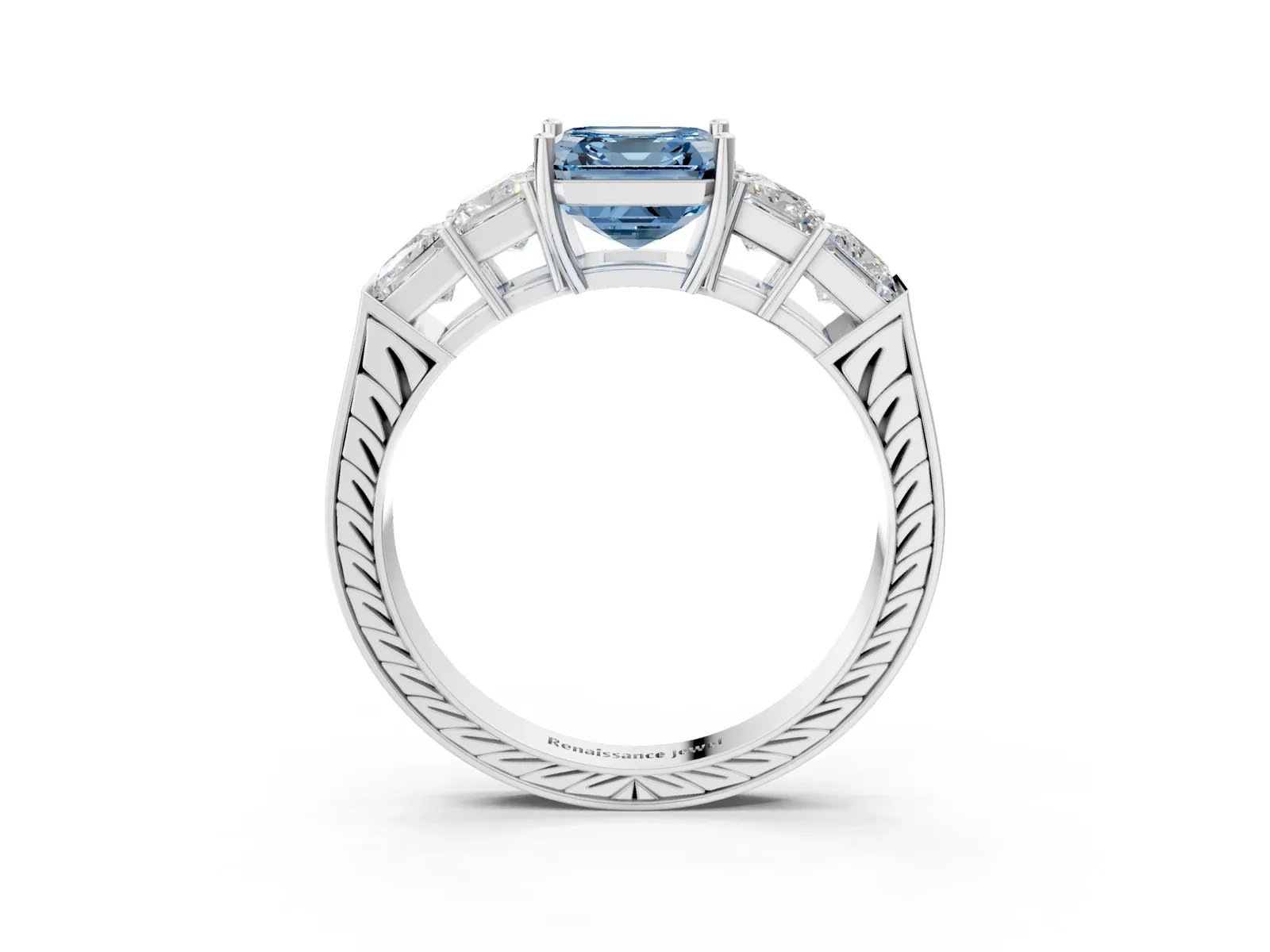 Fancy Blue Asscher Cut Solitaire Princess Side Stone Engraved Band Prong Setting Ring Platinum