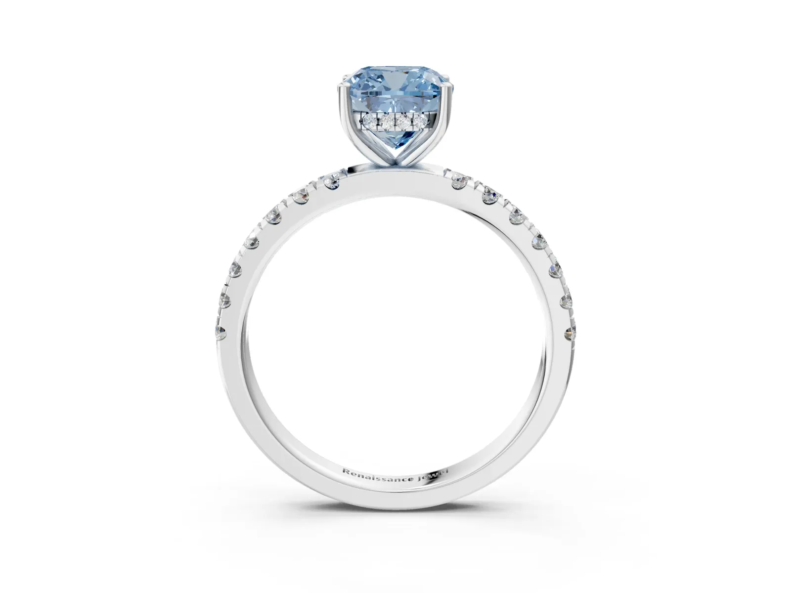 Fancy Blue Cushion Cut Diamond Pave Band Solitaire Ring with Round and Prong Setting Platinum