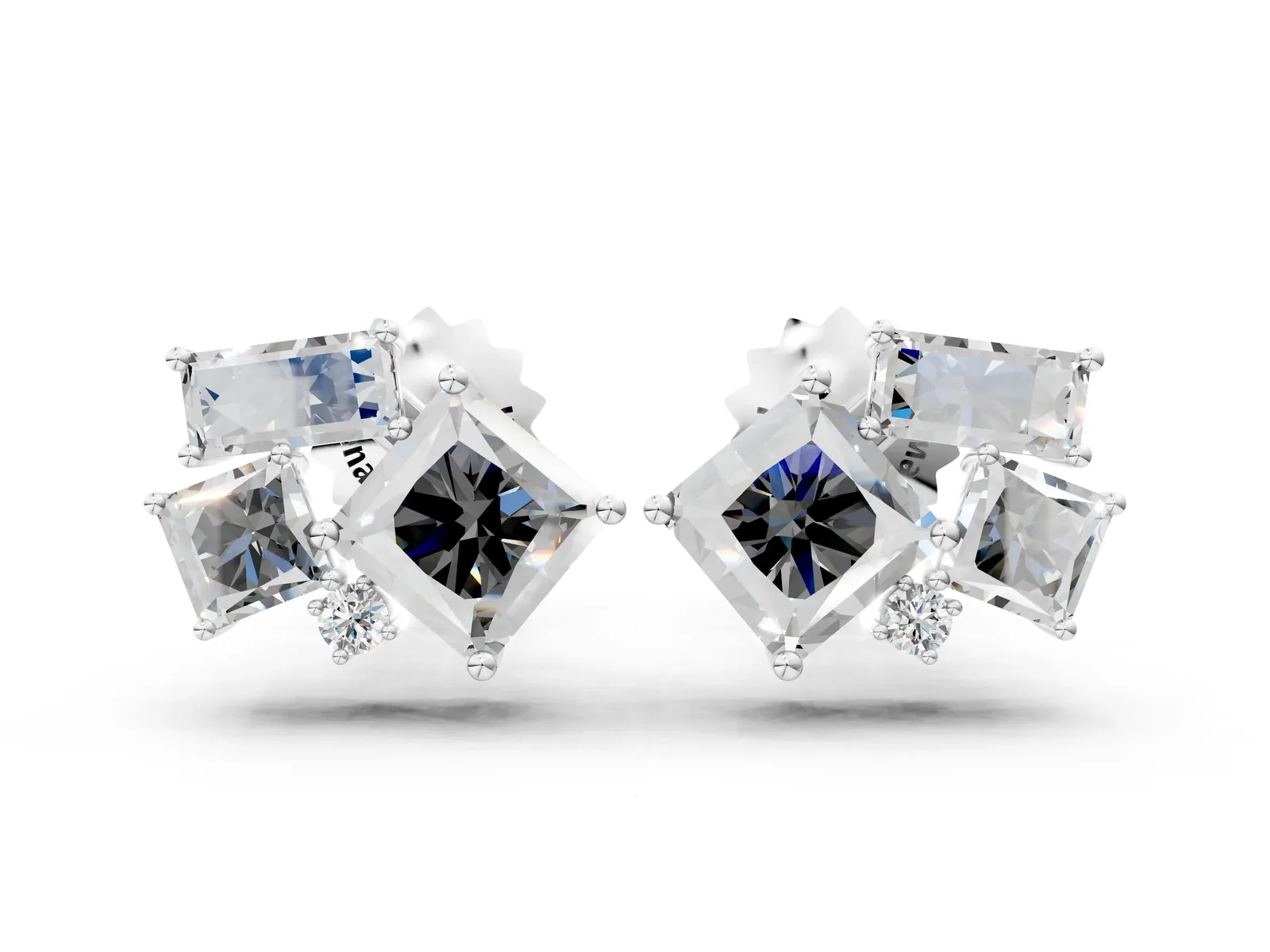 Baguette and Princess Diamond Mosaic Abstract Stud Earrings White gold