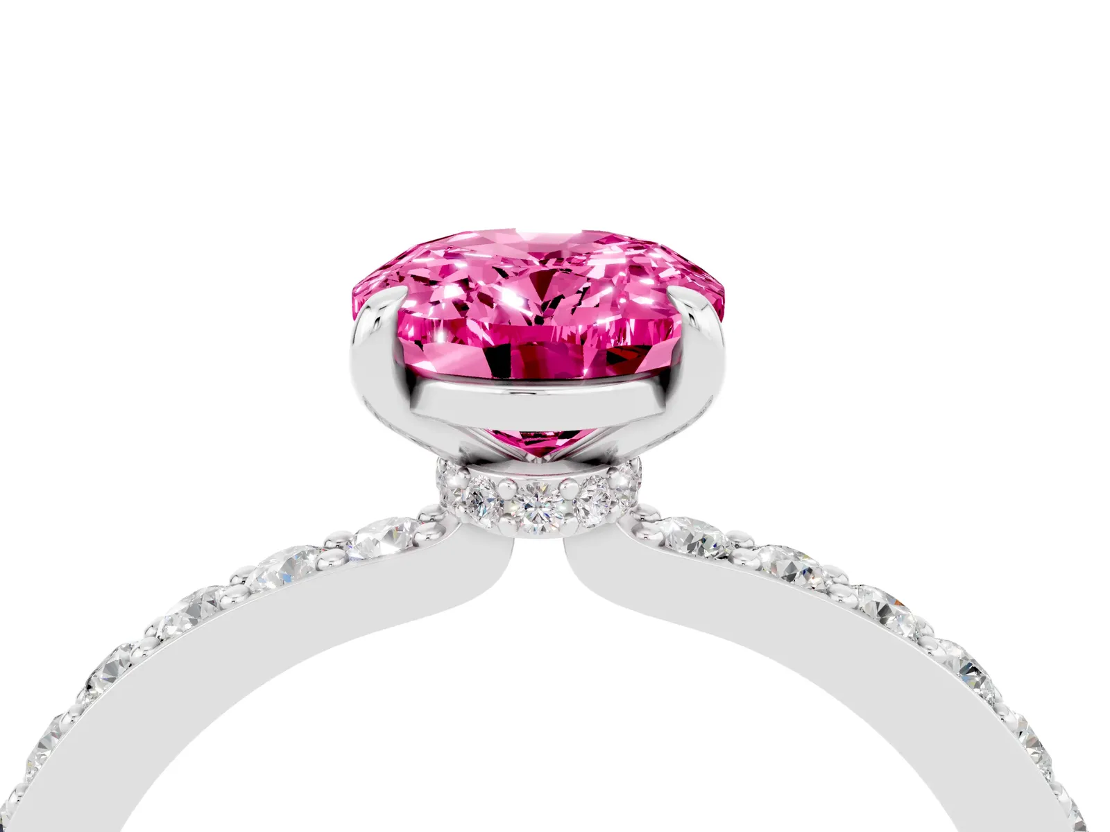 Oval Cut Pink Sapphire Solitaire Engagement Ring with Pavé Band and Four-Prong Setting Platinum