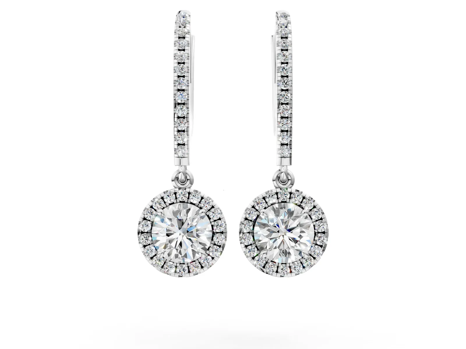 Round Cut Diamond Halo Drop Earrings with Pavé Hoop White gold