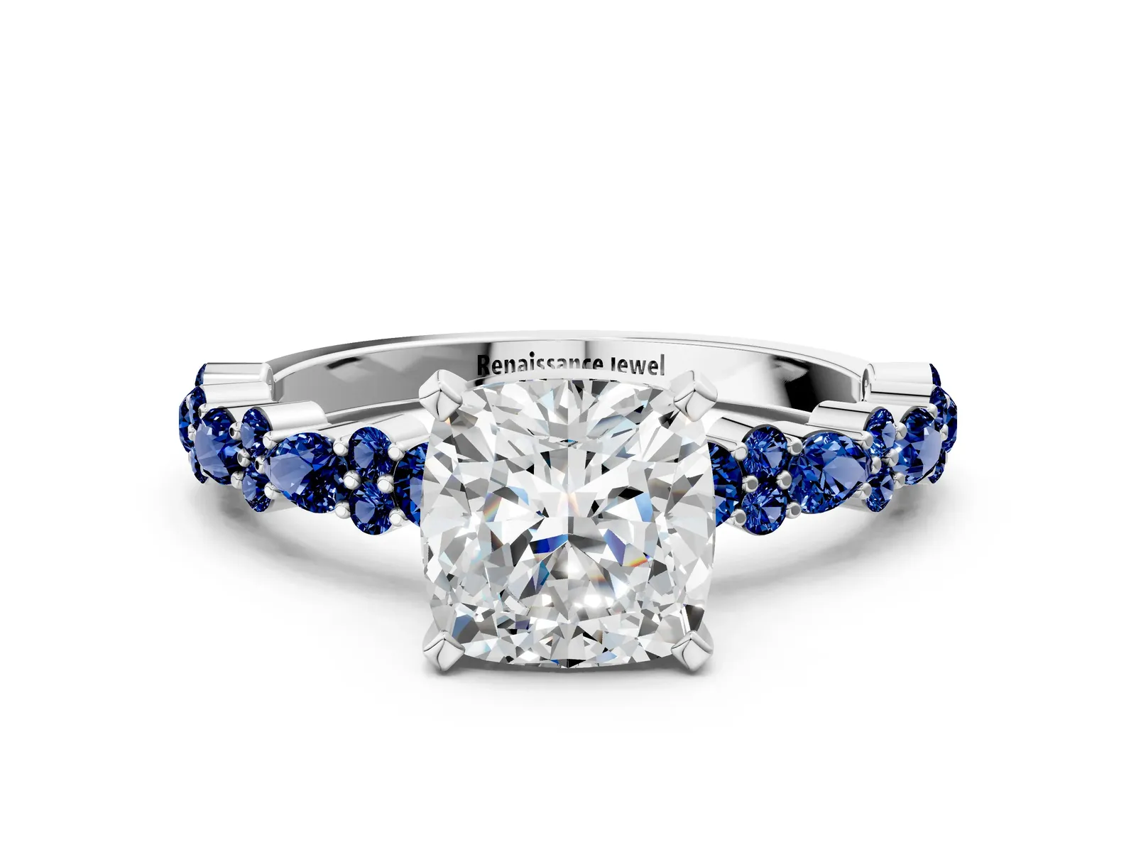 Cushion Cut Diamond Side Stone Solitaire Ring with Round Blue Sapphire and Four-Prong Setting Platinum