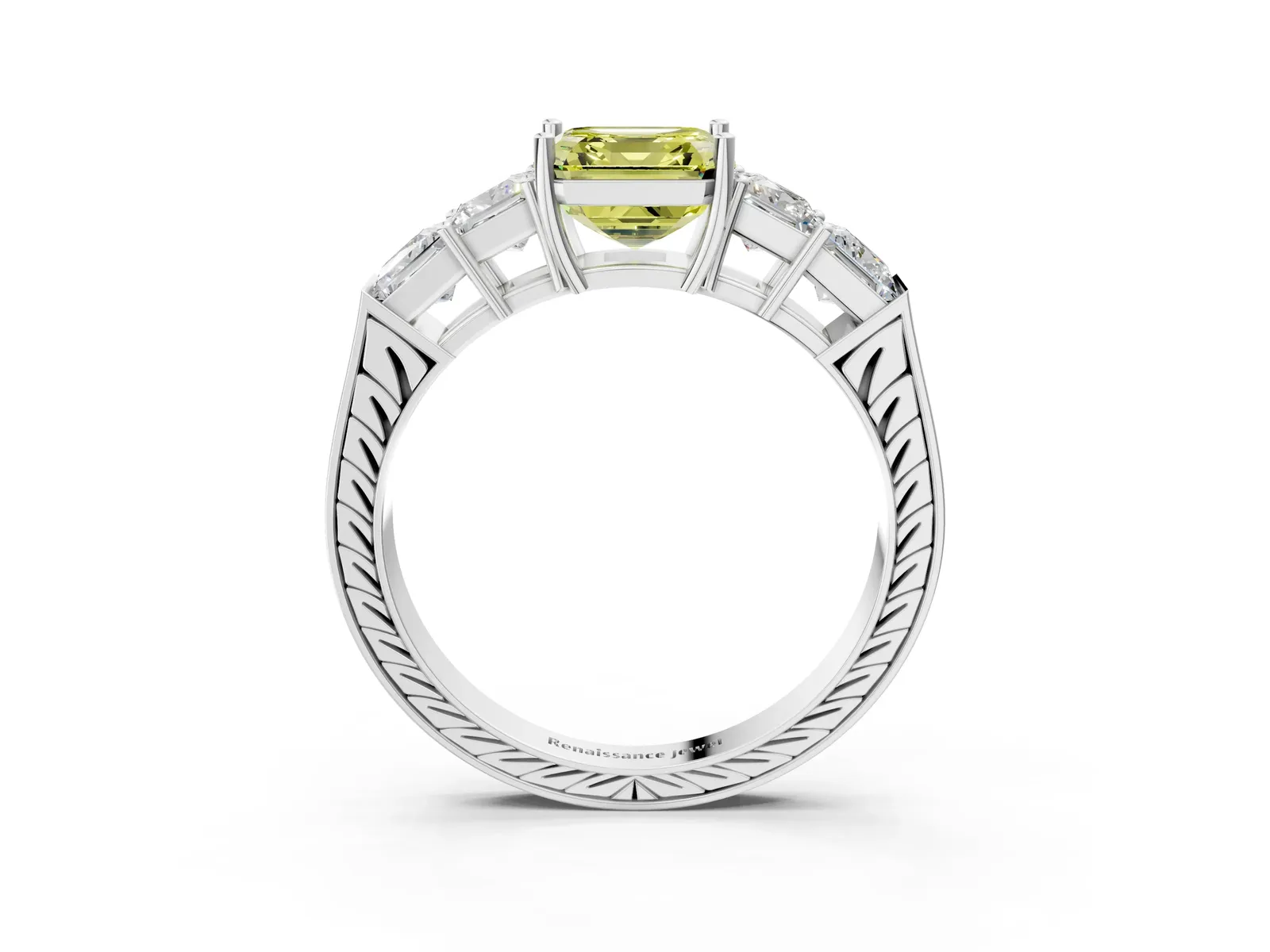 Fancy Yellow Asscher Cut Solitaire Princess Side Stone Engraved Band Prong Setting Ring Platinum