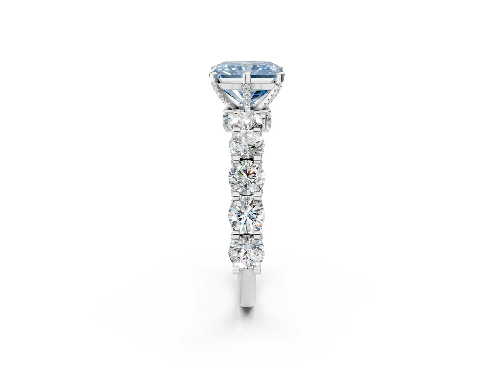 Fancy Blue Radiant Cut Diamond Side Stone Engagement Ring with Four-Prong Setting Platinum