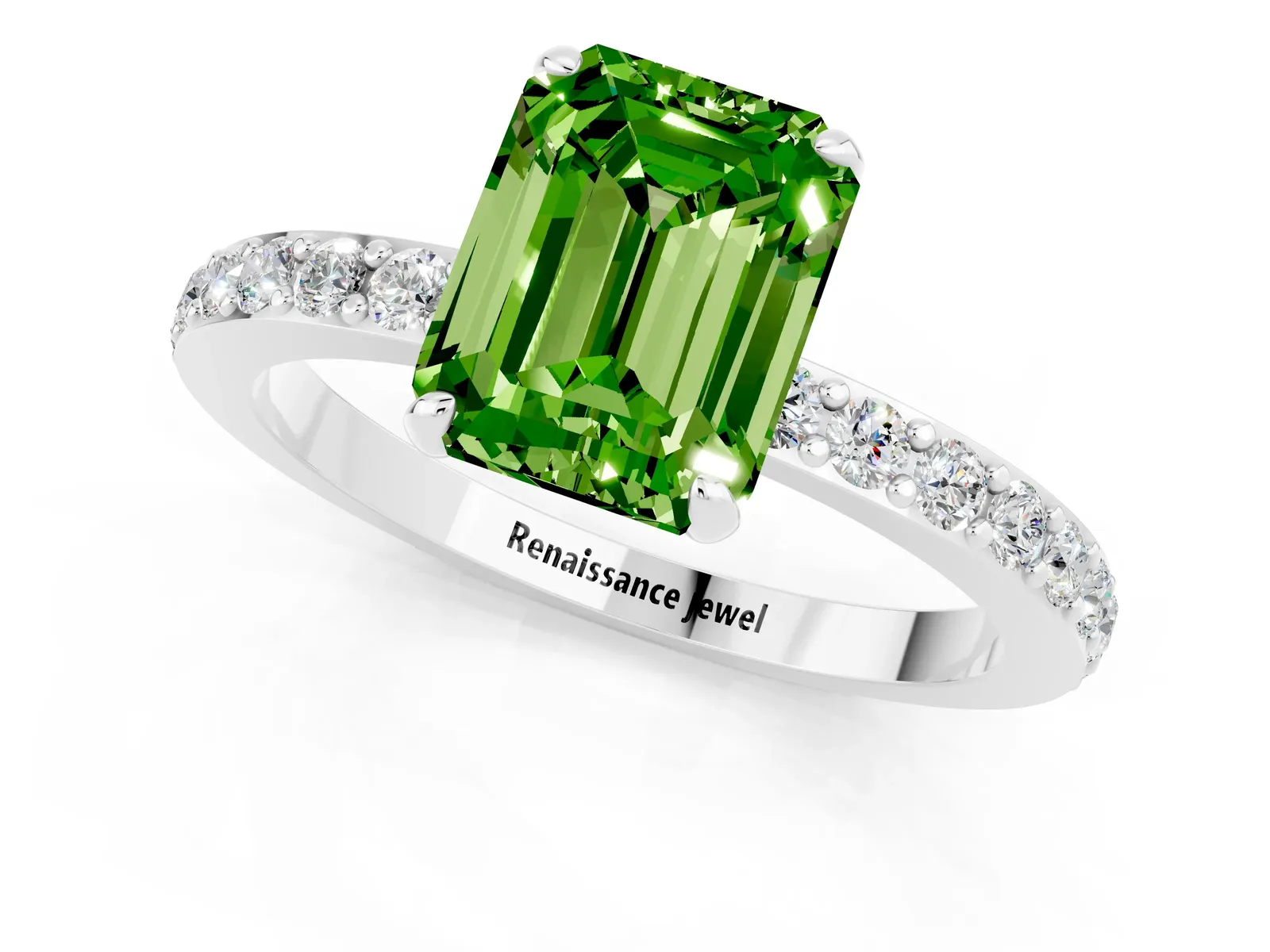 Emerald Cut Peridot Solitaire Engagement Ring with Pavé Band and Four-Prong Setting Platinum