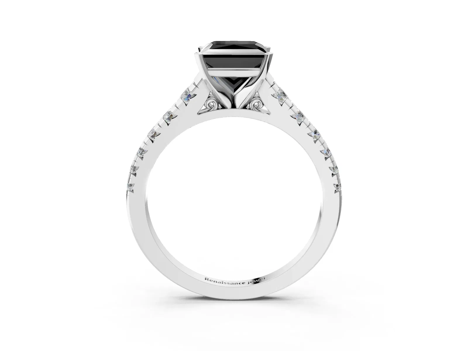 Fancy Black Princess Cut Diamond Cathedral Solitaire Ring with Round Pavé Band Platinum