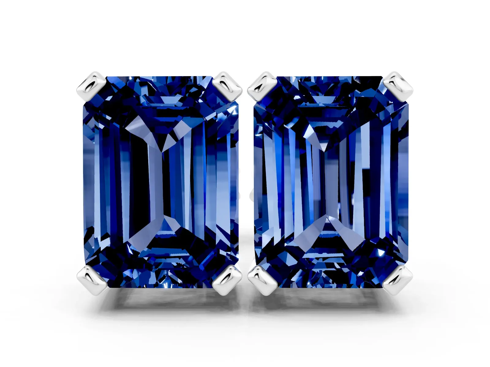Emerald Cut Blue Sapphire Stud Earrings Silver