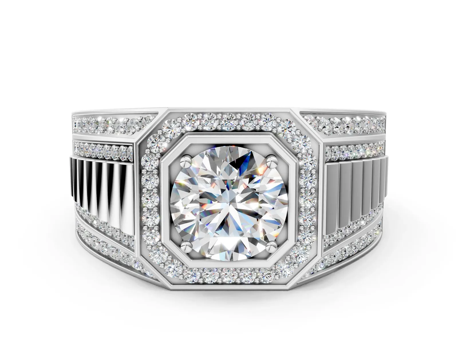 Round Diamond Octagonal Halo Mens Ring with Pavé Accents Silver
