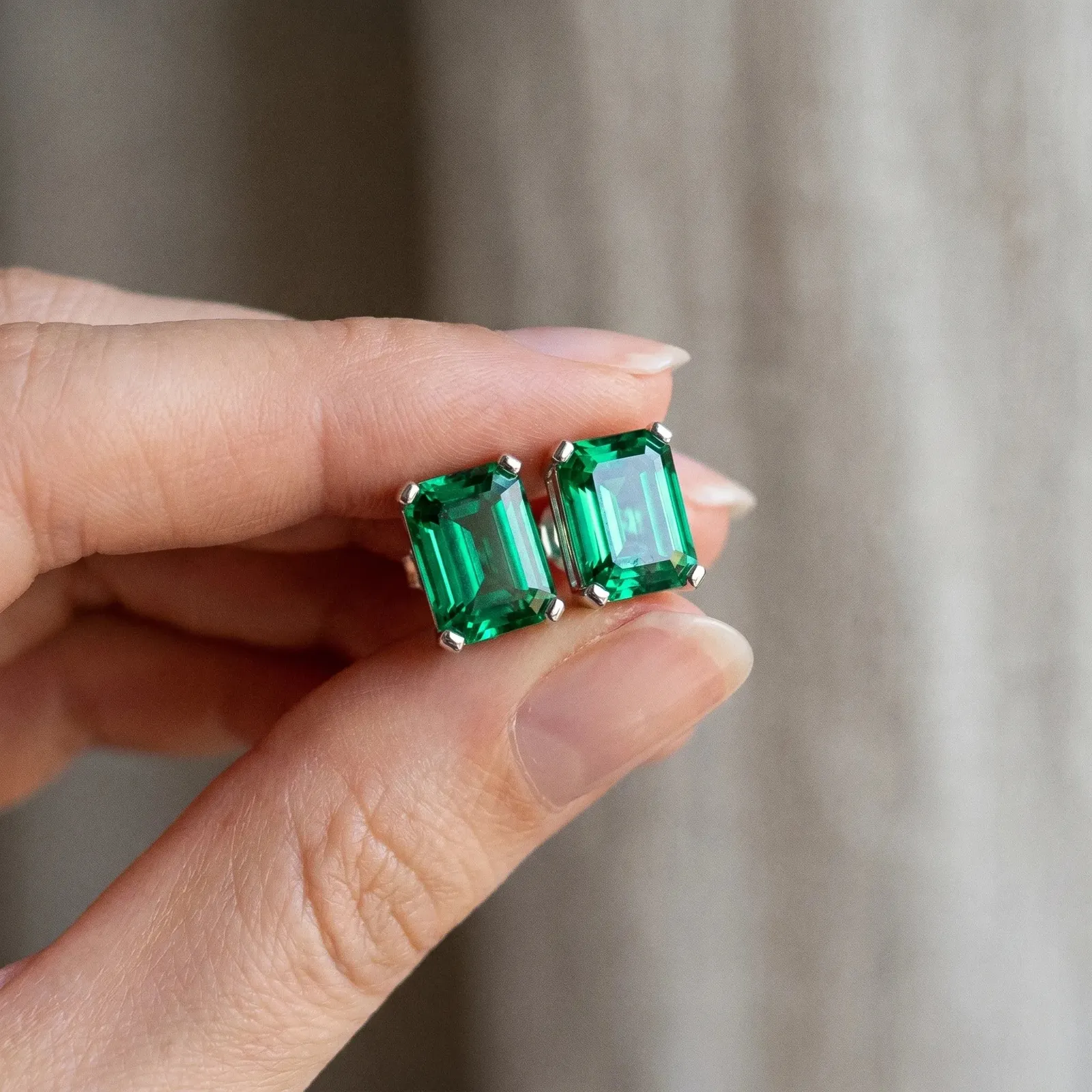 Emerald Cut Emerald Stud Earrings White gold