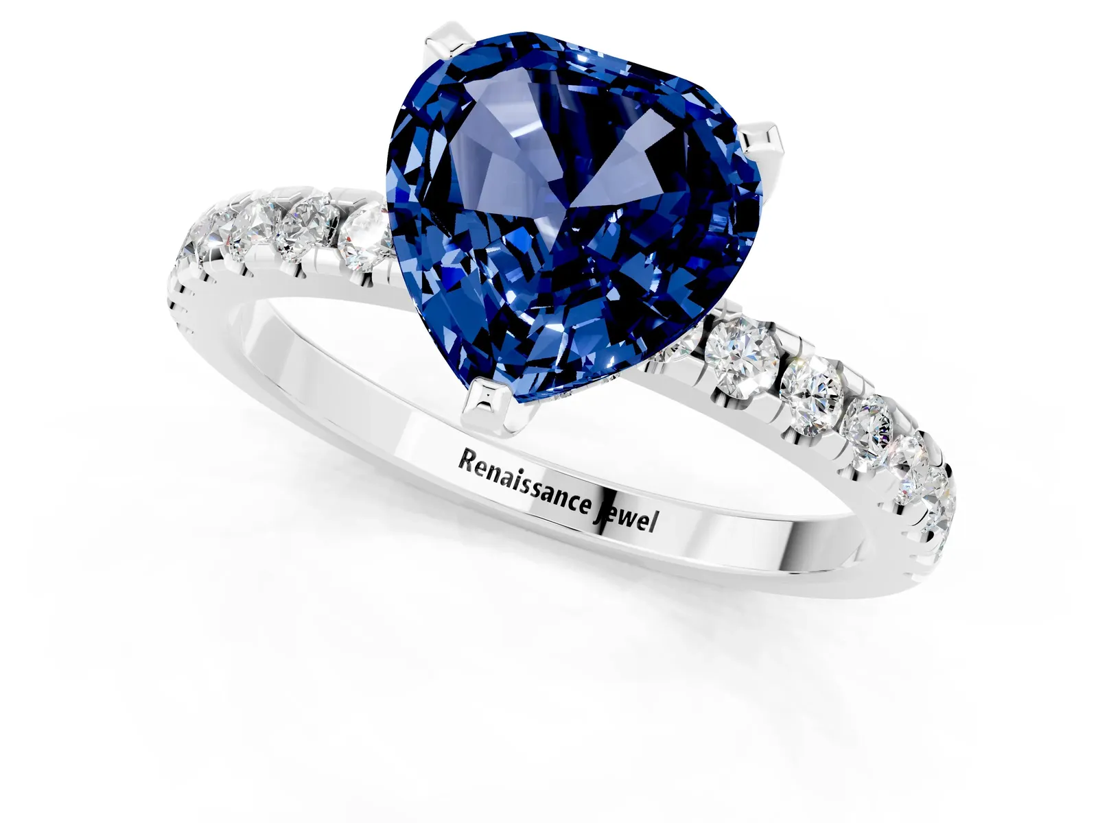 Heart Cut Blue Sapphire Solitaire Ring with Round Pavé Band and Four-Prong Setting Platinum