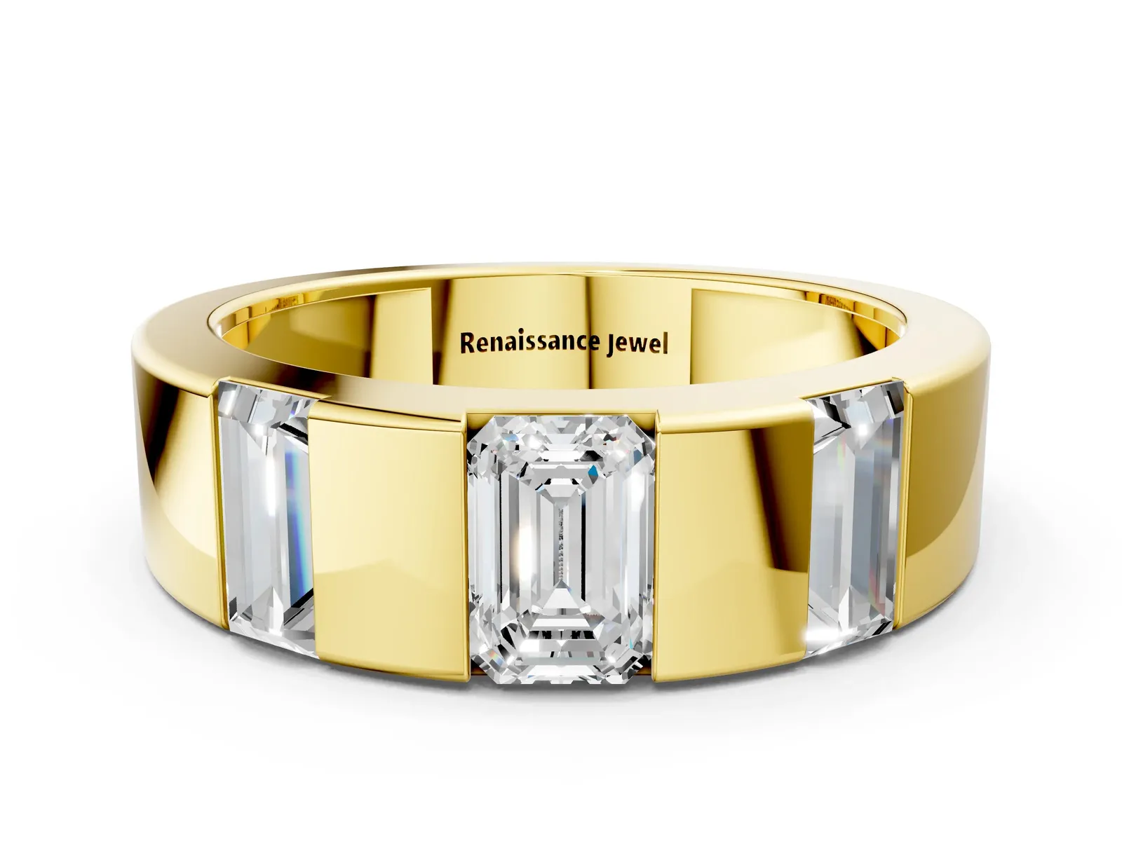 Emerald Cut Diamond Three-Stone Mens Ring with Baguette Side Stones Yellow gold