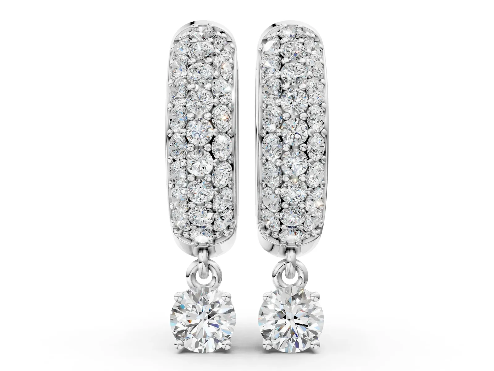 Round Cut Diamond Drop Huggie Hoop Earrings with Pavé Detailing Silver