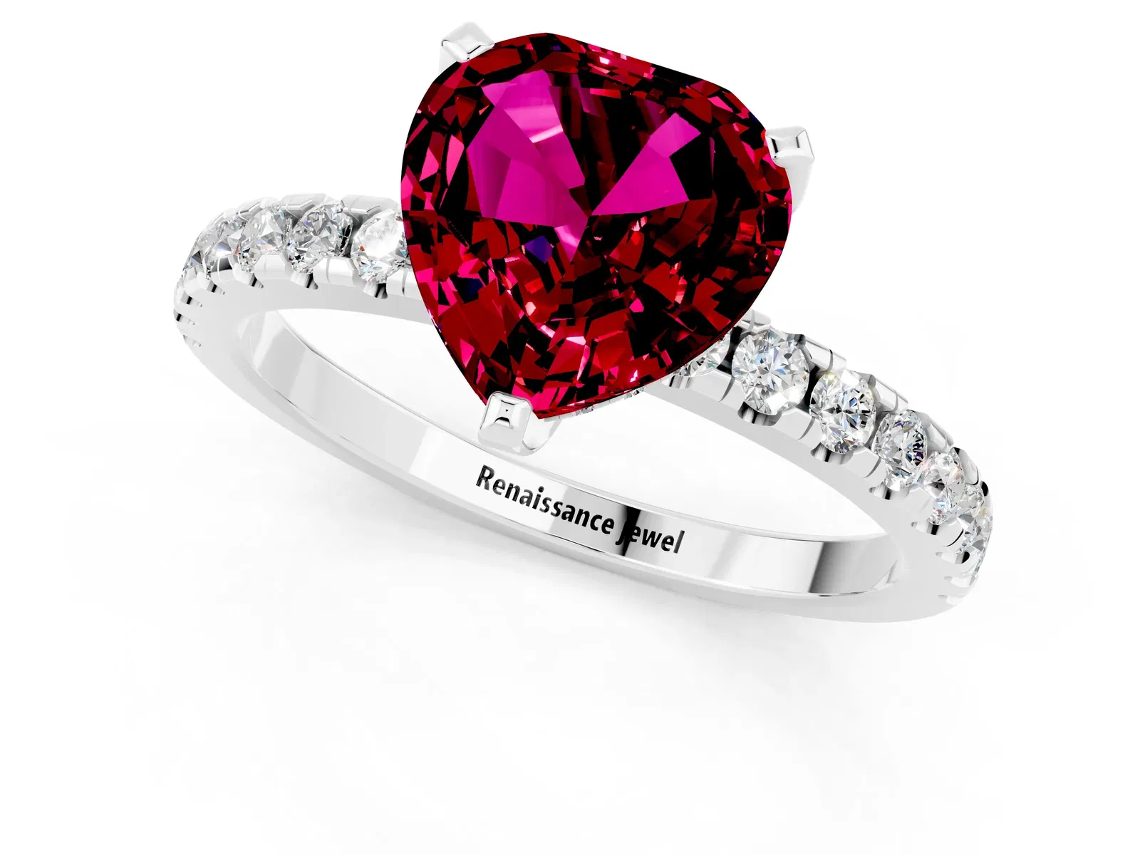 Heart Cut Garnet Solitaire Ring with Round Pavé Band and Four-Prong Setting Platinum