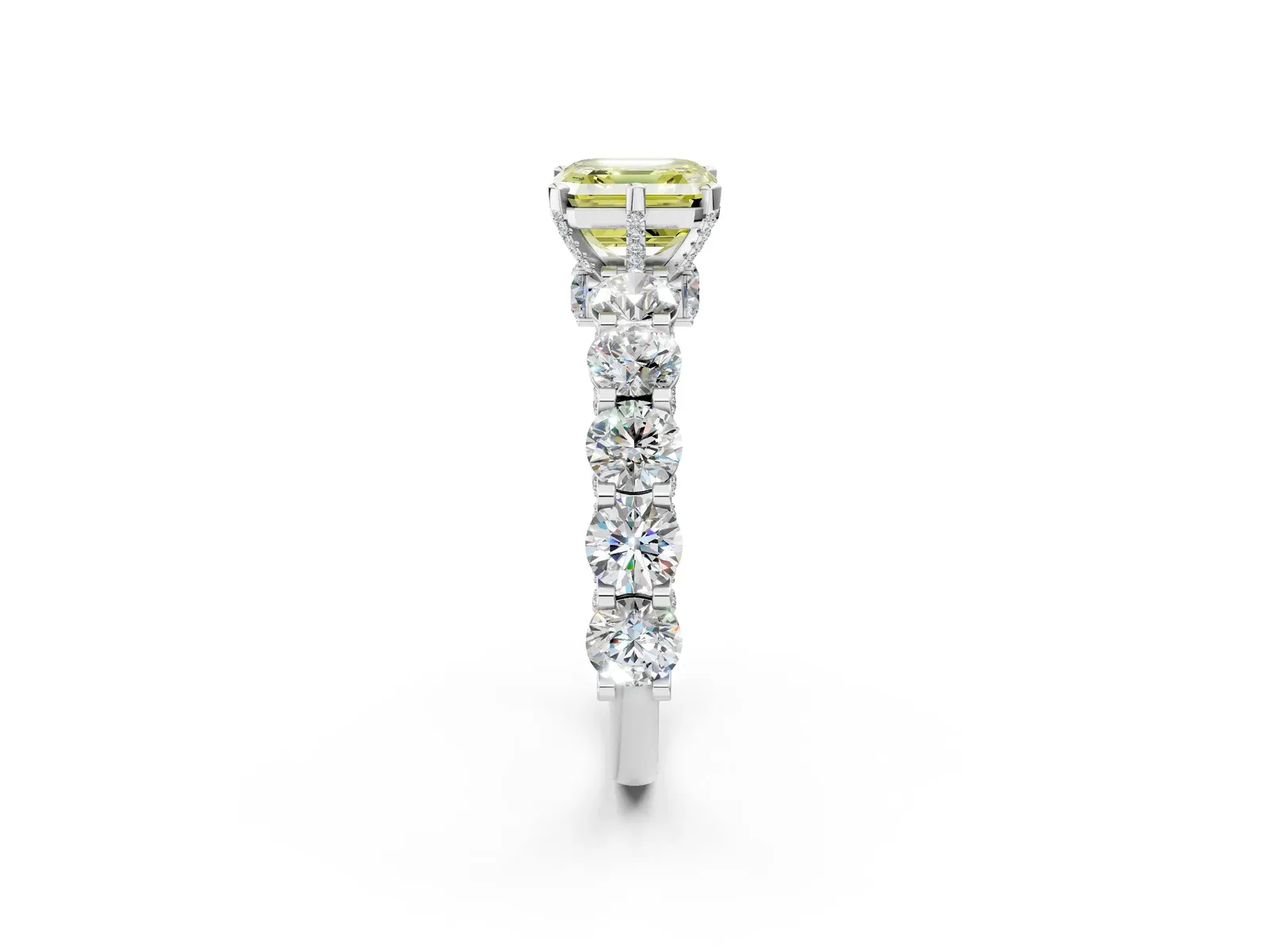 Fancy Yellow Asscher Cut Diamond Side Stone Engagement Ring with Four-Prong Setting Silver