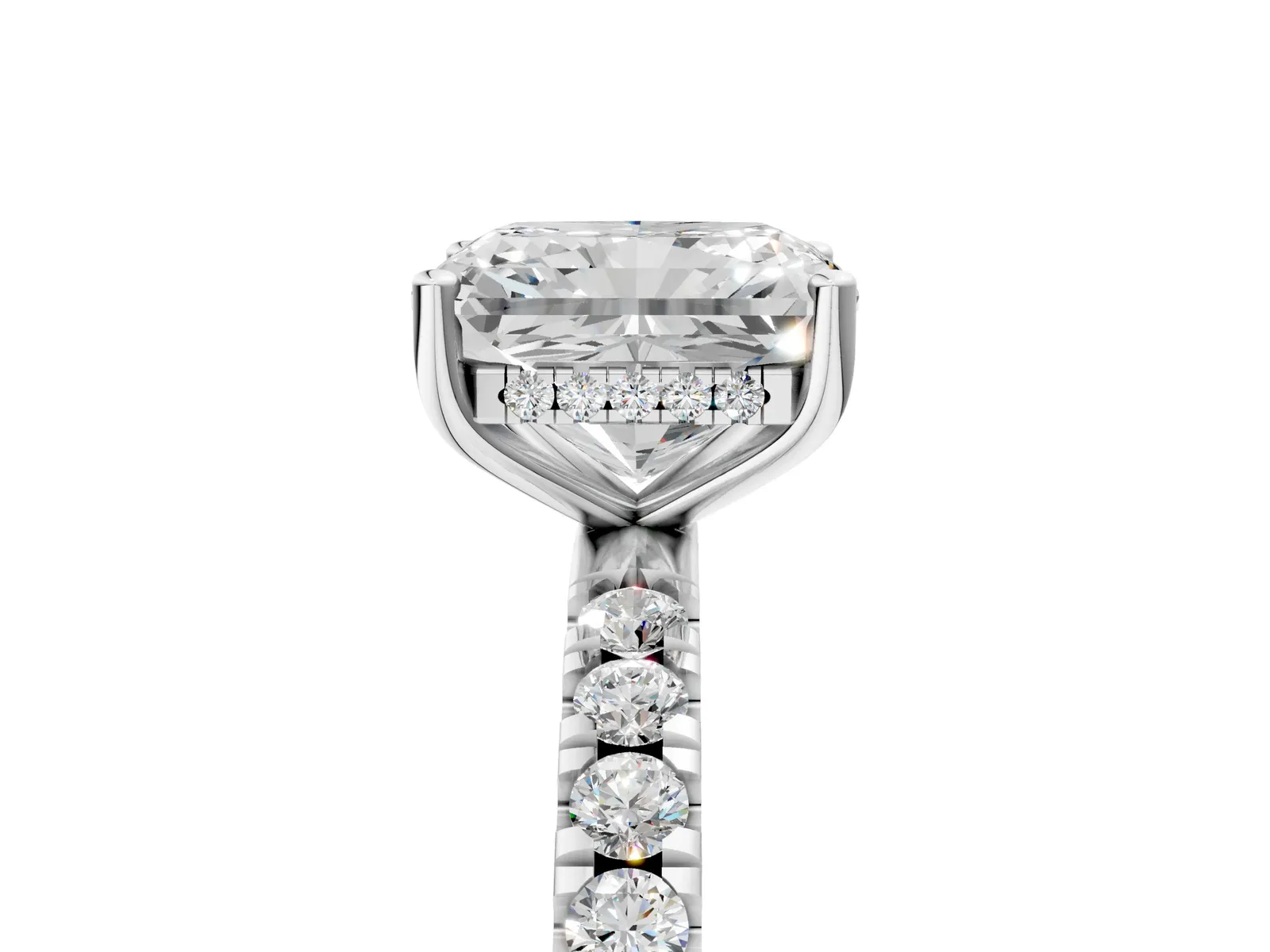 Radiant Cut Diamond Pave Band Solitaire Ring with Round and Prong Setting Platinum