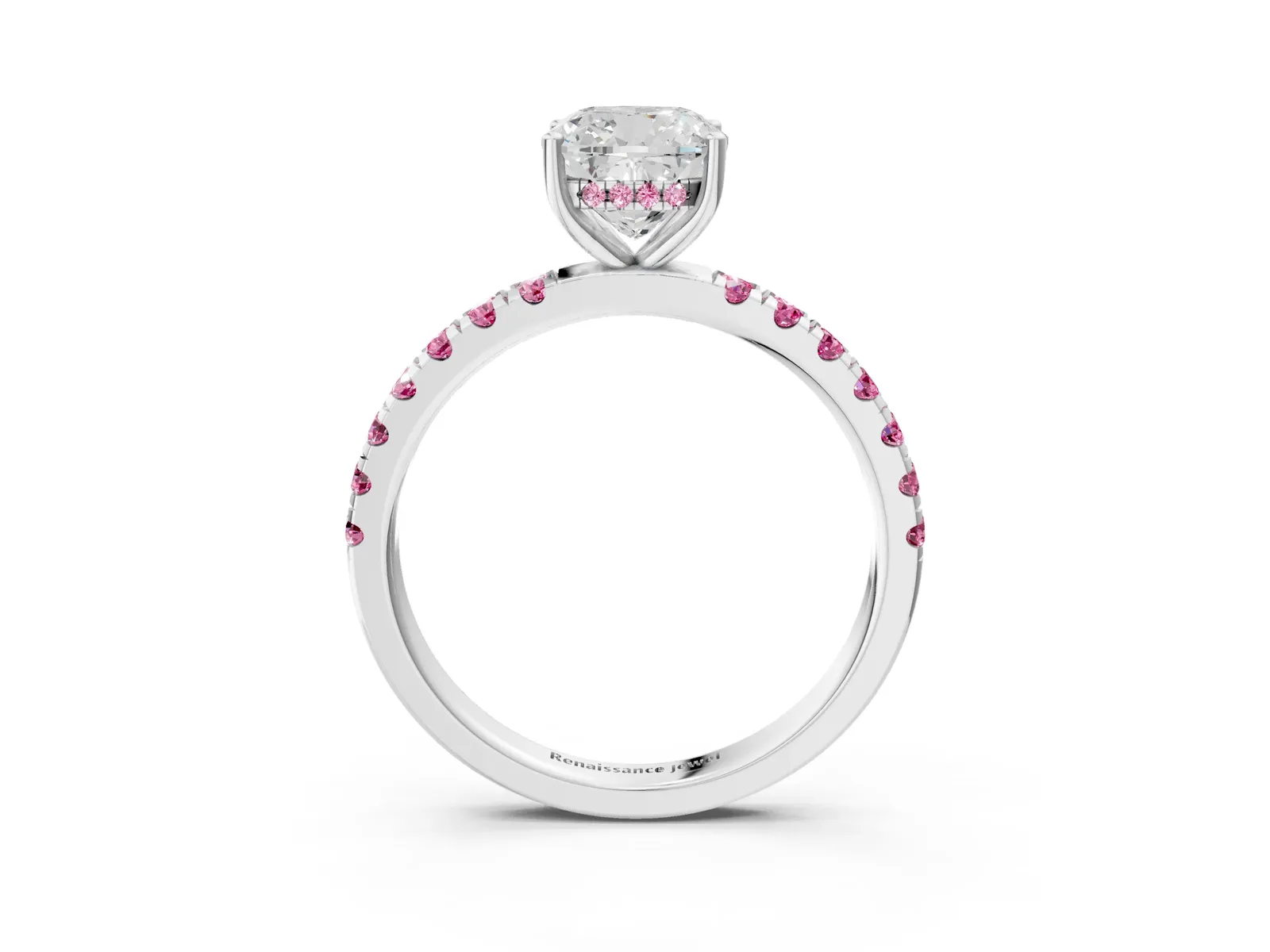 Cushion Cut Diamond Pave Band Solitaire Ring with Round Pink Sapphire and Prong Setting Platinum