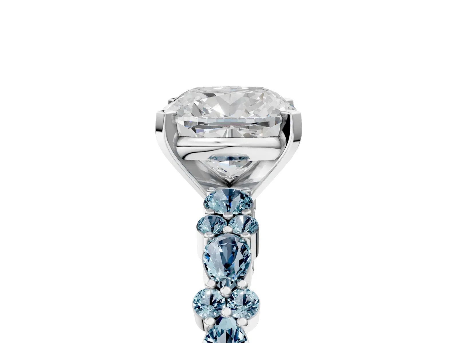 Cushion Cut Diamond Side Stone Solitaire Ring with Round Aquamarine and Four-Prong Setting Platinum