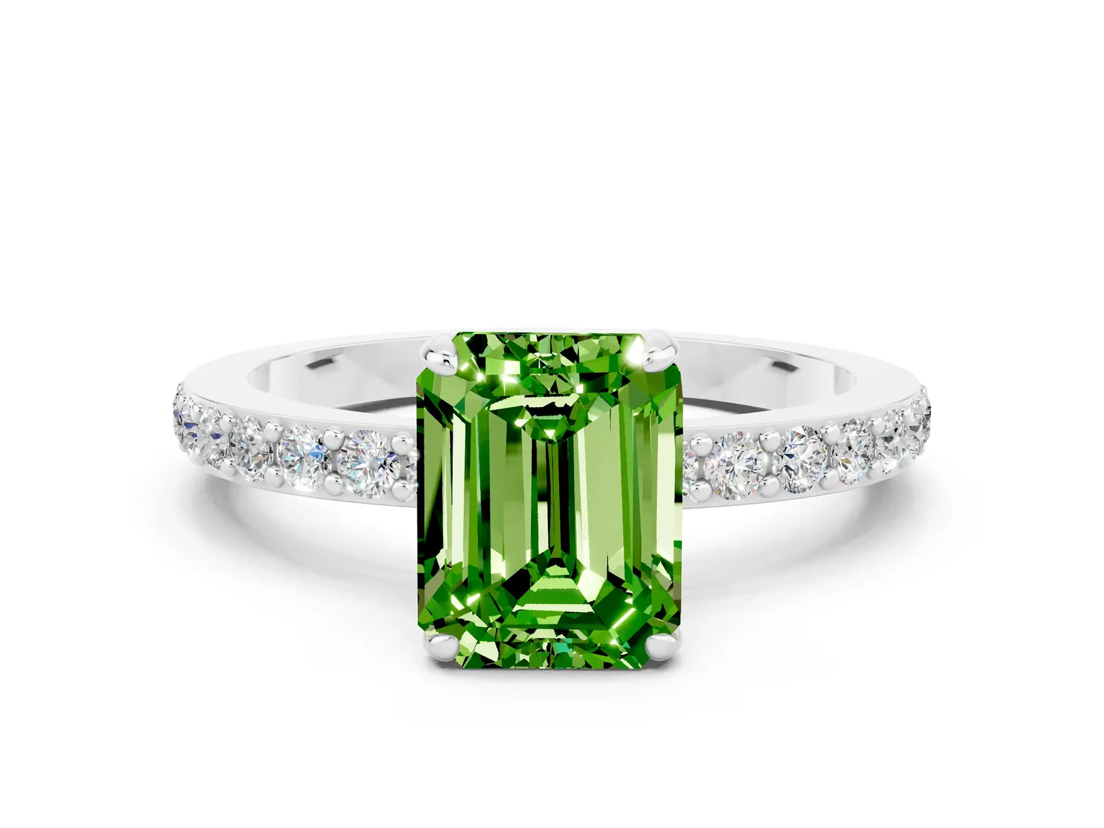 Emerald Cut Peridot Solitaire Engagement Ring with Pavé Band and Four-Prong Setting Platinum