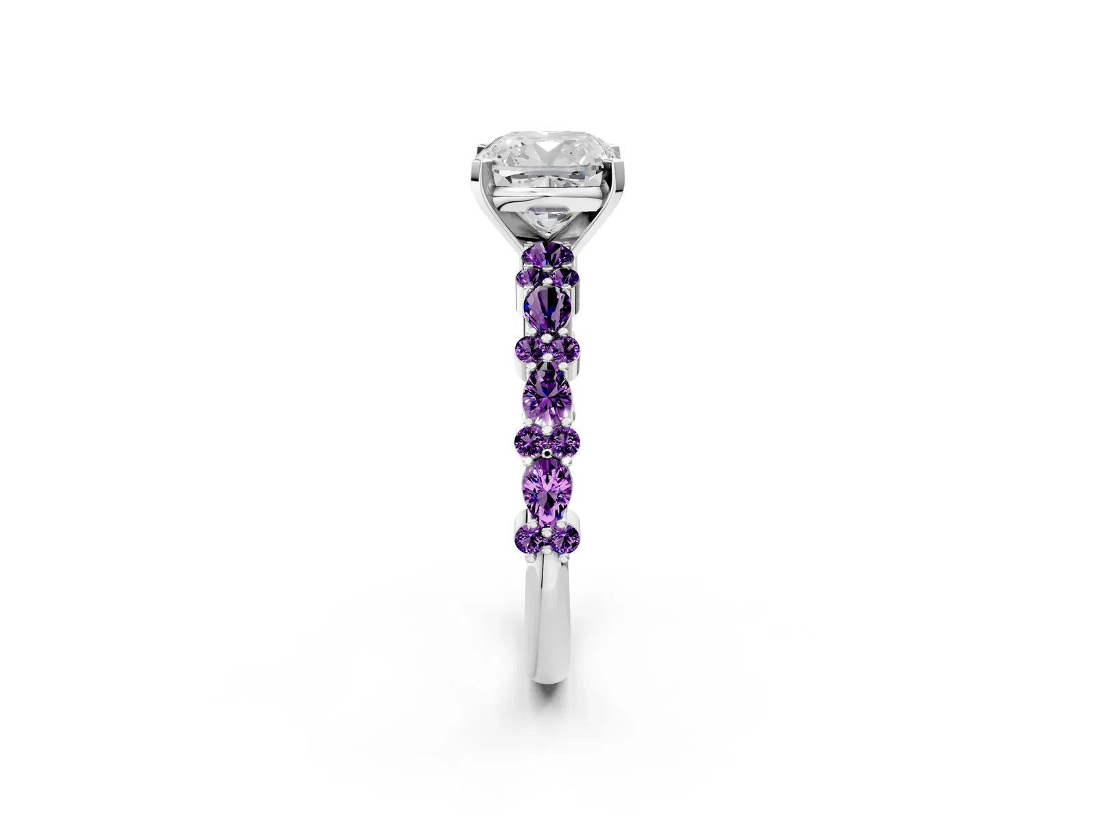 Cushion Cut Diamond Side Stone Solitaire Ring with Round Amethyst and Four-Prong Setting Platinum