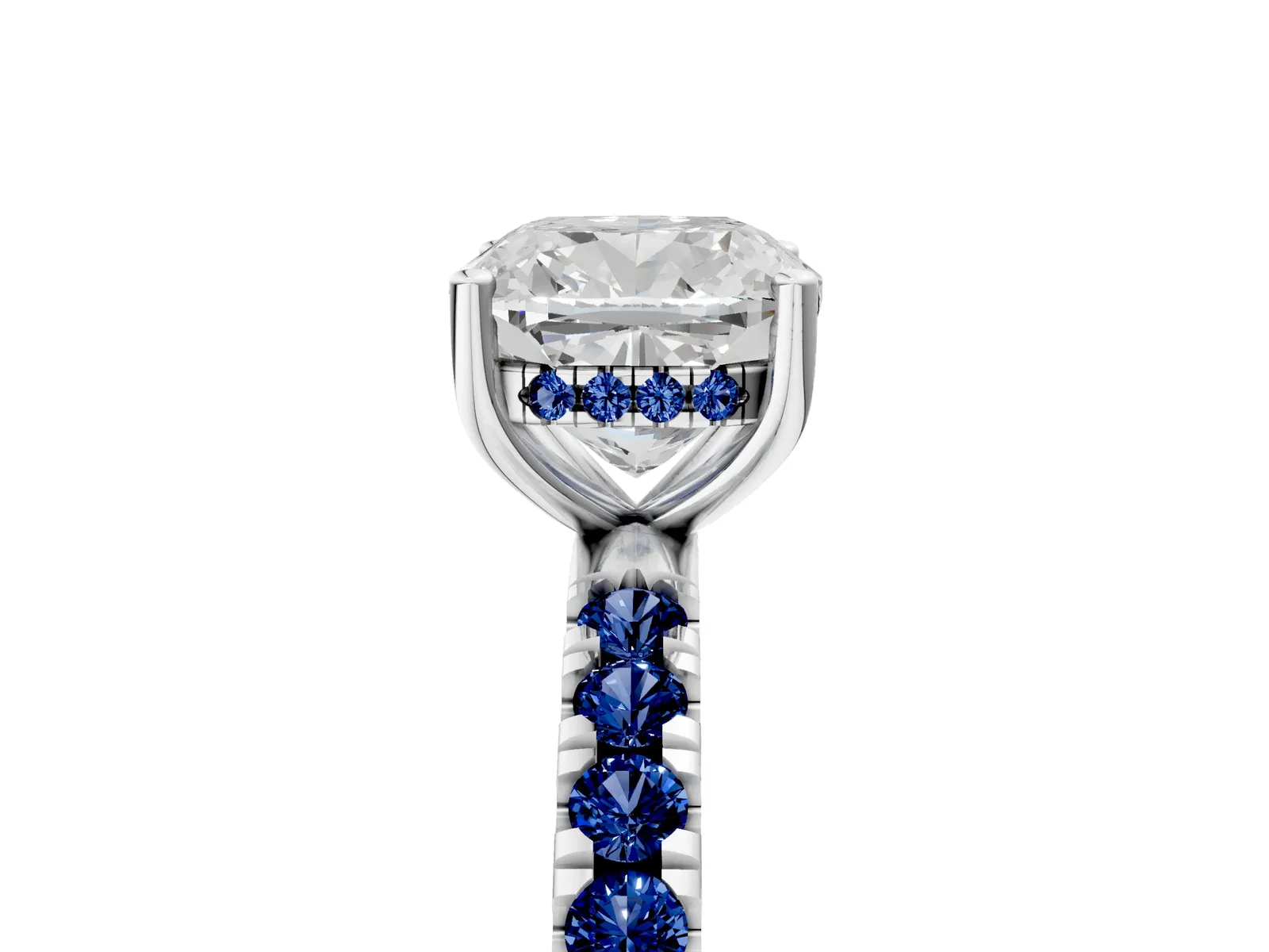 Cushion Cut Diamond Pave Band Solitaire Ring with Round Blue Sapphire and Prong Setting Platinum