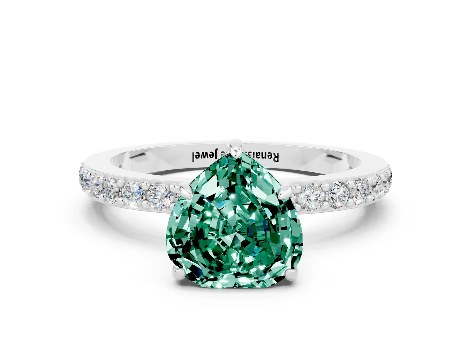 Heart Cut Green Sapphire Solitaire Engagement Ring with Pavé Band and Four-Prong Setting Platinum