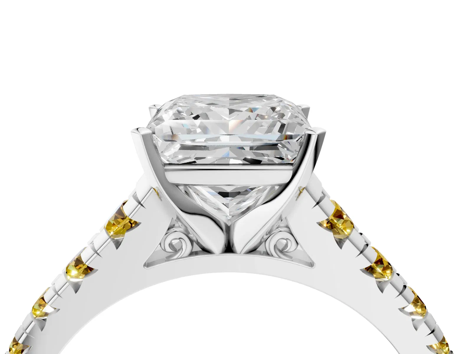 Princess Cut Diamond Cathedral Solitaire Ring with Round Yellow Sapphire Pavé Band Platinum