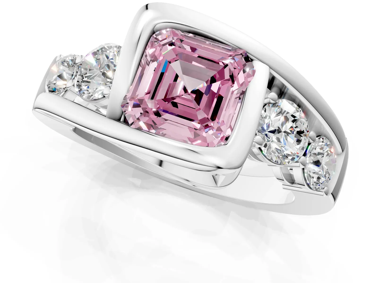 Fancy Pink Bezel Set Asscher Cut Diamond Bypass Ring with Round Accents Platinum