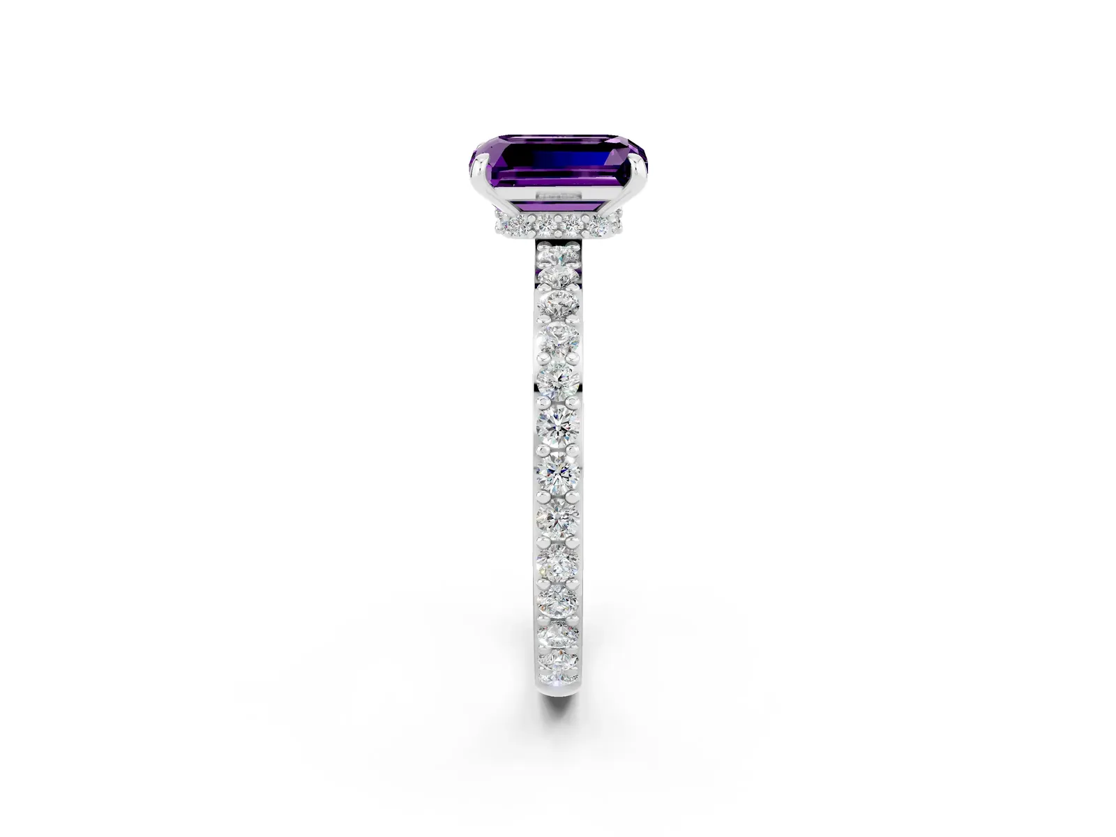 Emerald Cut Amethyst Solitaire Engagement Ring with Pavé Band and Four-Prong Setting Platinum