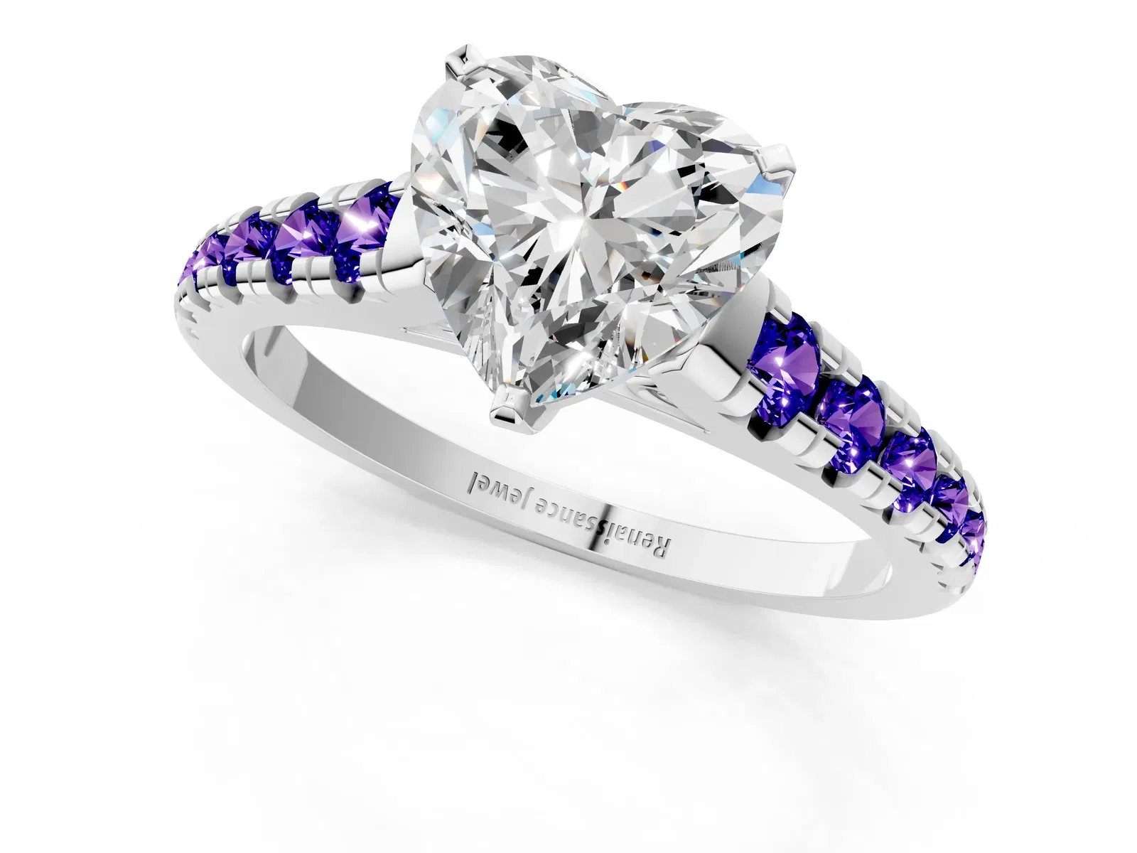 Heart Cut Diamond Cathedral Solitaire Ring with Round Tanzanite Pavé Band Platinum