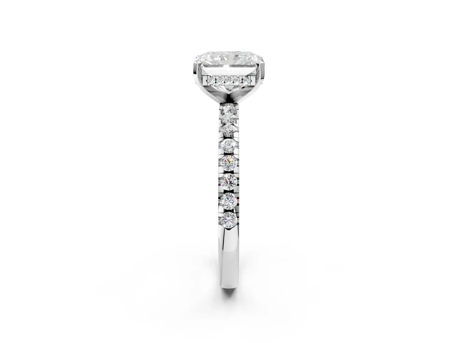 Radiant Cut Diamond Solitaire Ring with Round Pavé Band and Four-Prong Setting Platinum