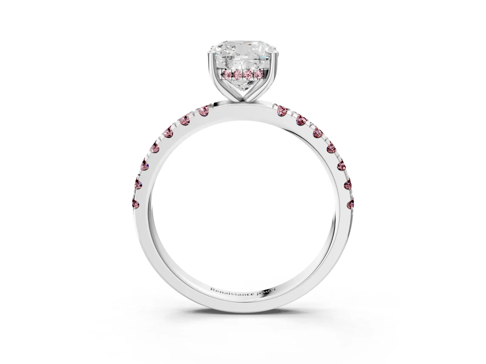 Cushion Cut Diamond Pave Band Solitaire Ring with Round Morganite and Prong Setting Platinum