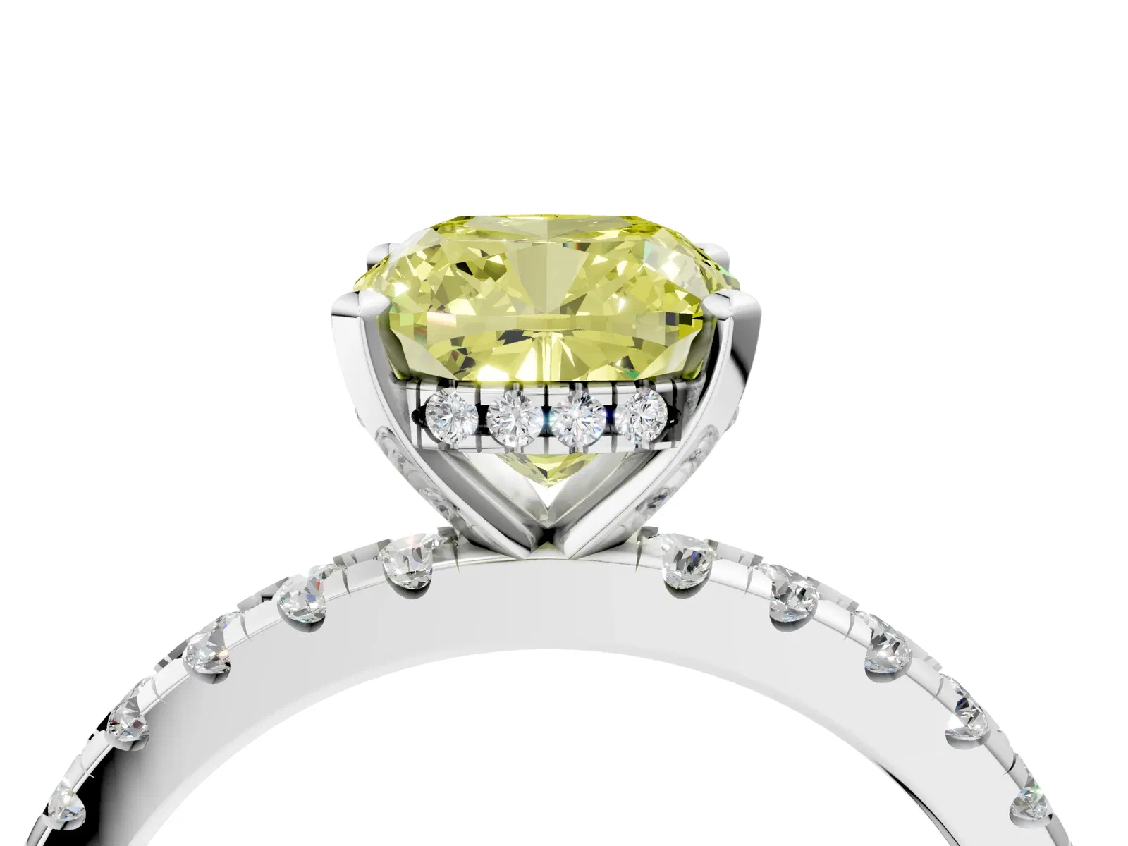 Fancy Yellow Cushion Cut Diamond Solitaire Ring with Round Pavé Band and Four-Prong Setting Platinum