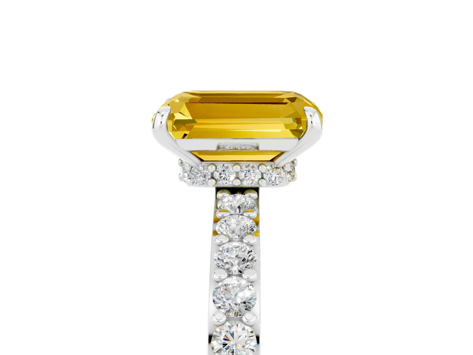 Emerald Cut Yellow Sapphire Solitaire Engagement Ring with Pavé Band and Four-Prong Setting Platinum