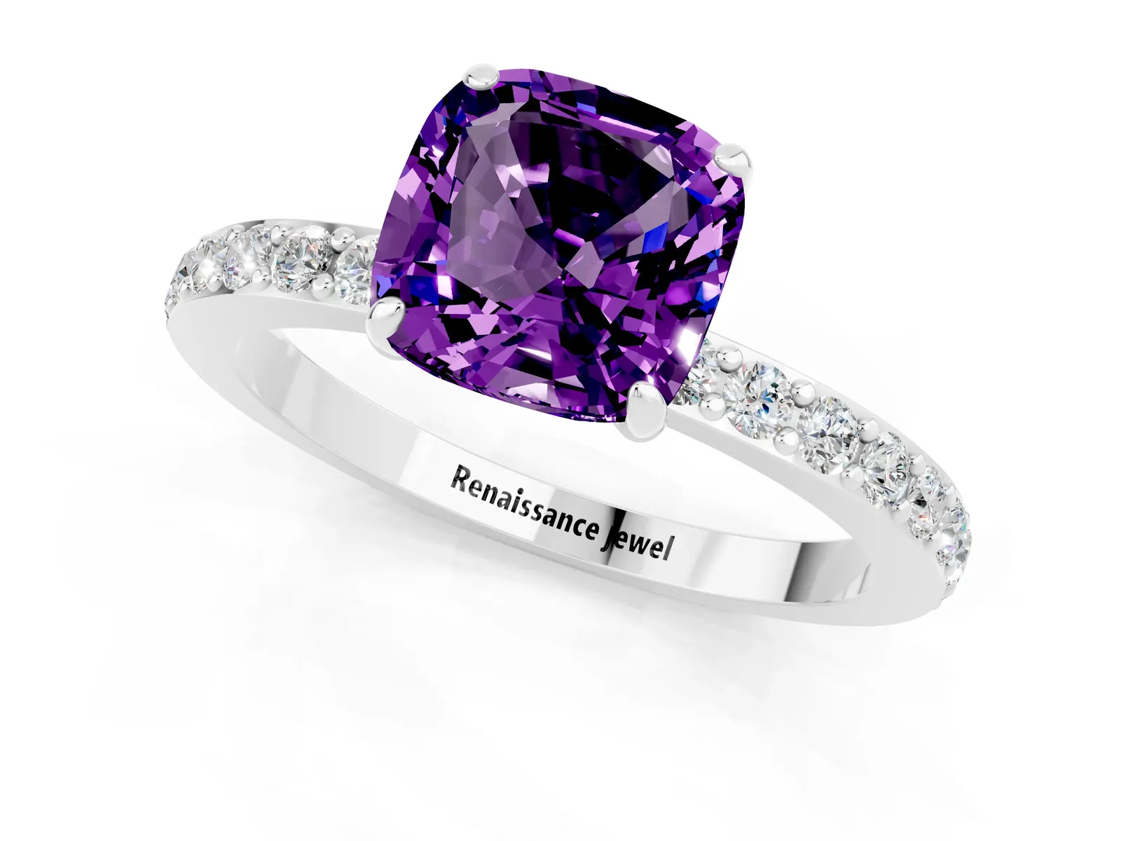Cushion Cut Amethyst Solitaire Engagement Ring with Pavé Band and Four-Prong Setting Platinum